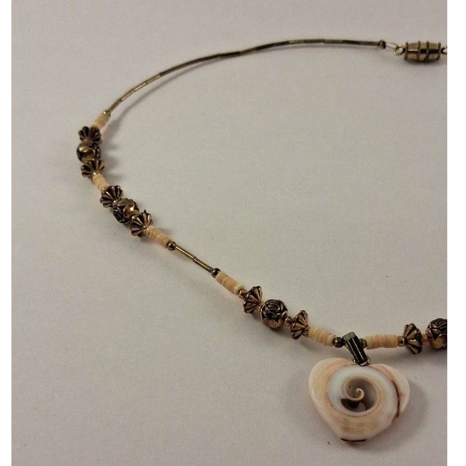 Artisan Beaded Choker with Natural Shell Pendant and Metal Beads 1970s – 1990s