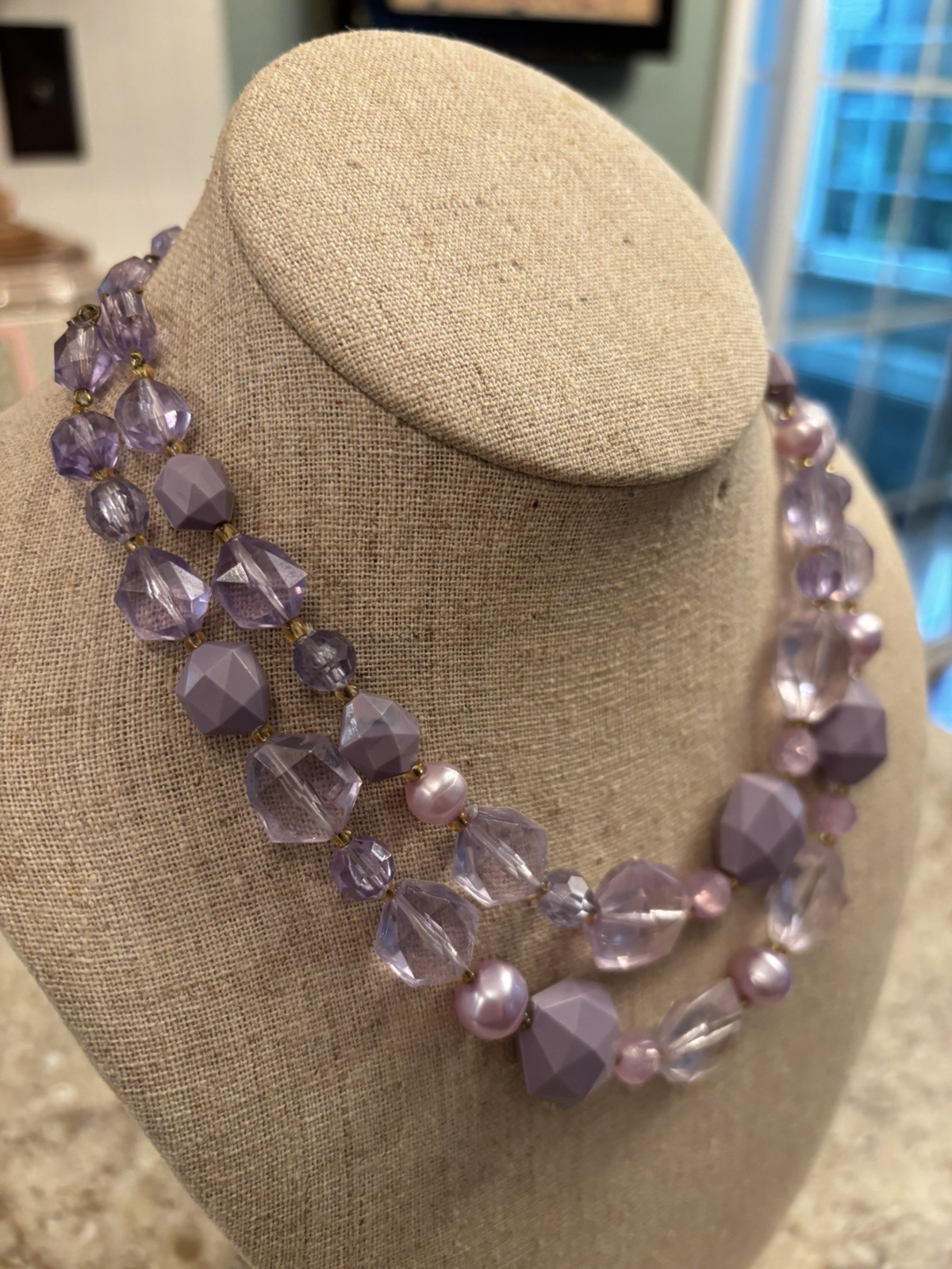 Vintage 50’s-60’s 2 Strand Plastic Lilac Beaded Choker Necklace 13 1/2 Inch