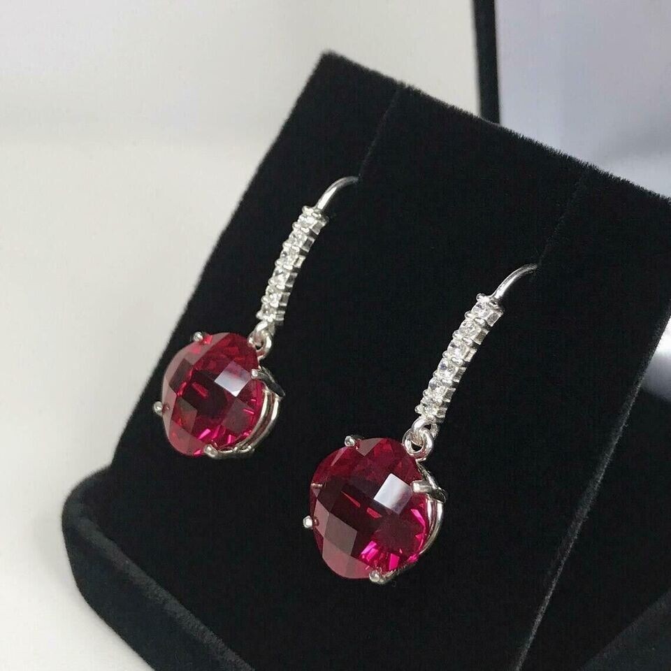 Cushion Cut Ruby & Lab Created Diamond Wedding 14ct White Gold Filled Earrings