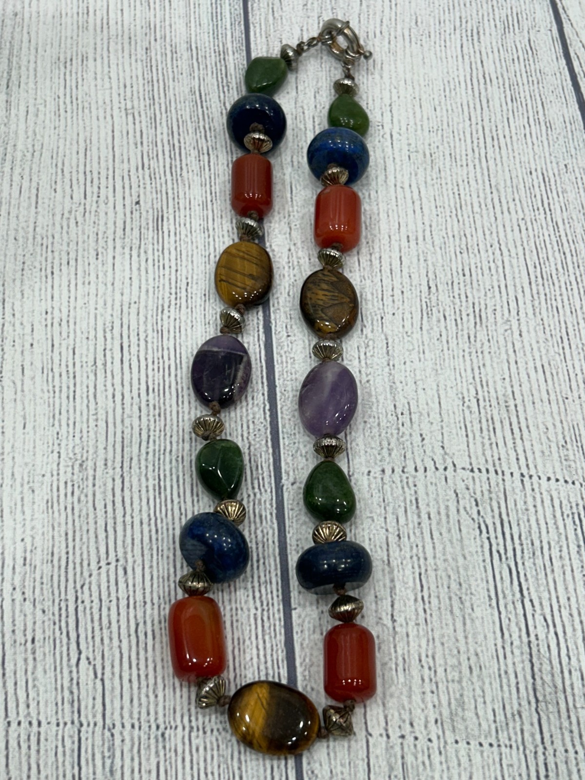Artisan Multi-Gemstone Necklace Amethyst Lapis Tiger’s Eye Carnelian Jade 18″