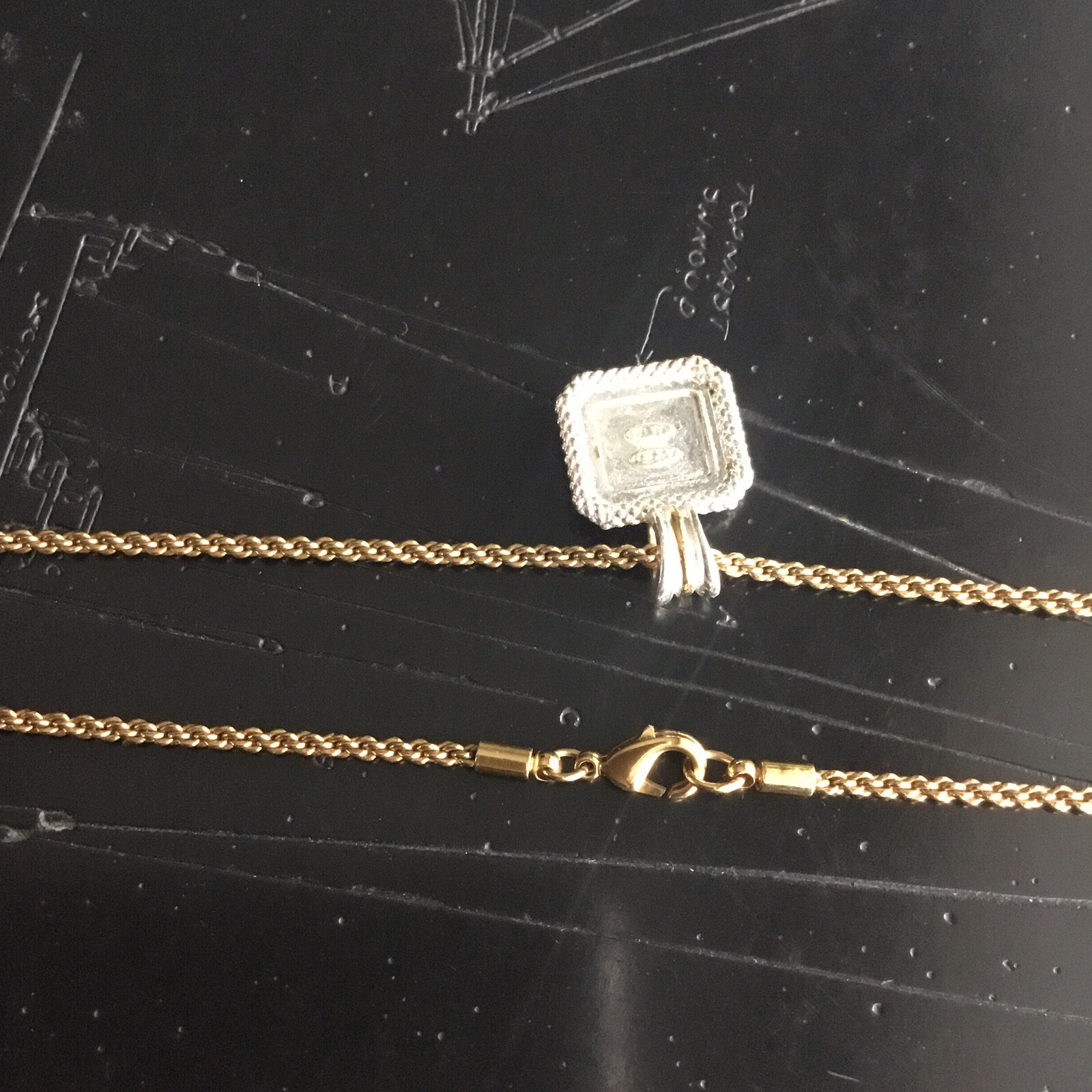 Signed Avon Silver & Gold Tone Square Rhinestone Paved Pendant On Popcorn Chain