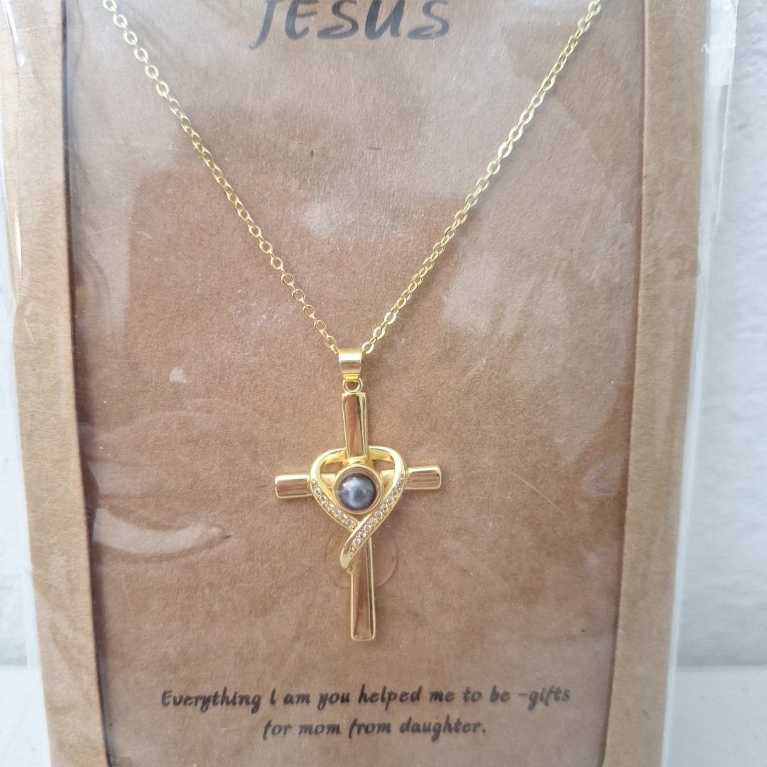 Jesus Gold Tone Cross Pendant Necklace + Bracelet Jewelry Mother Daughter Gift