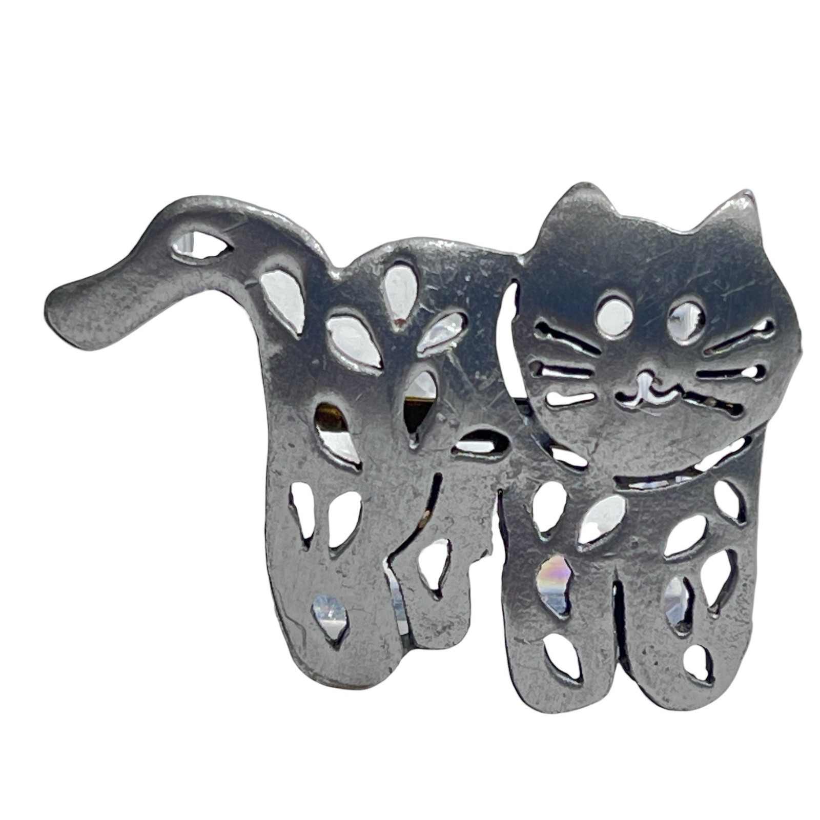 Vintage Pewter Cat Brooch Open Work Signature worn off Approximately 2″