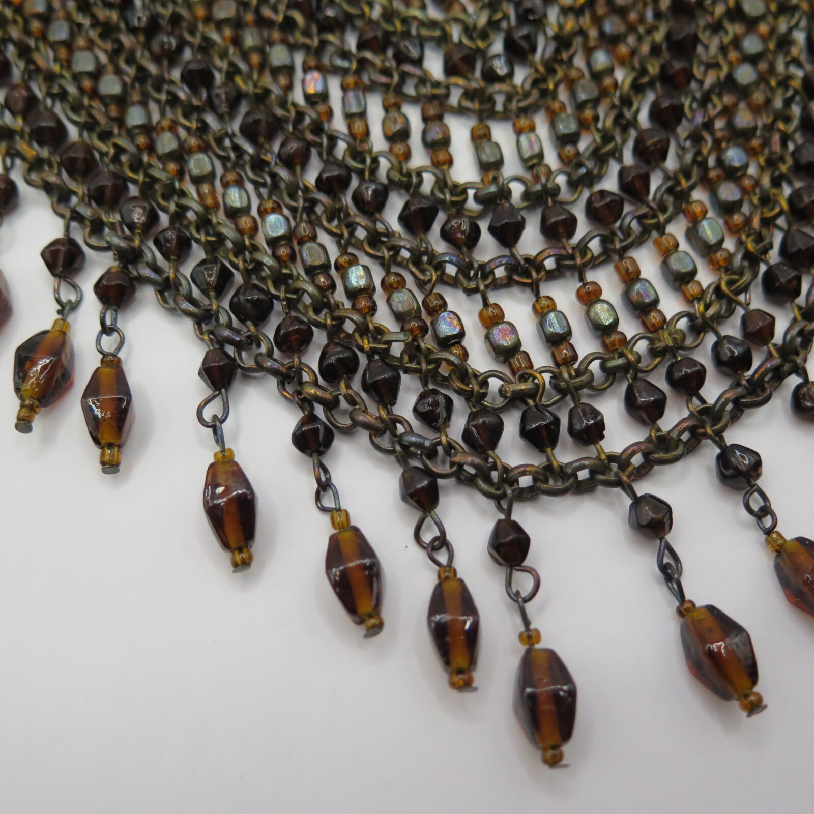 Vintage Collar Beaded Necklace- Brown Beads and Bronze Tone Chain