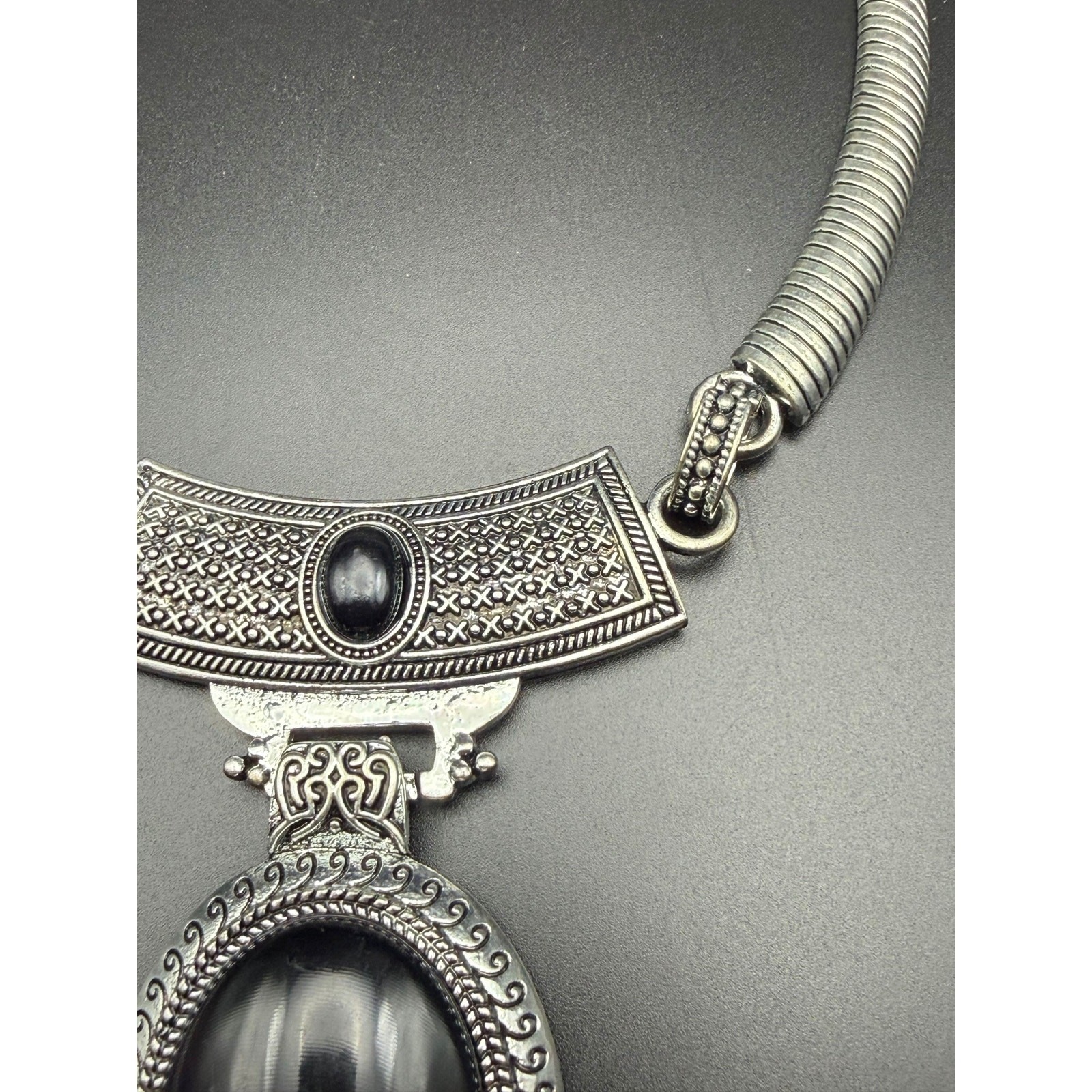 Vintage style silver-tone necklace with black enamel pendant