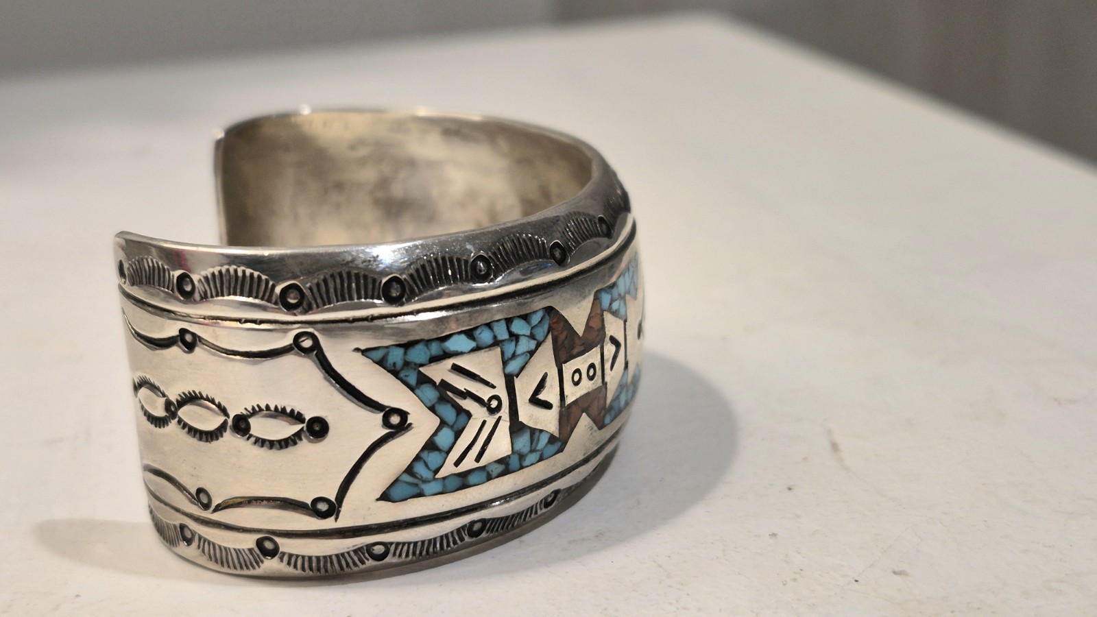 Frances Begay Navajo Sterling Silver Turquoise Inlay Cuff Bracelet 44g