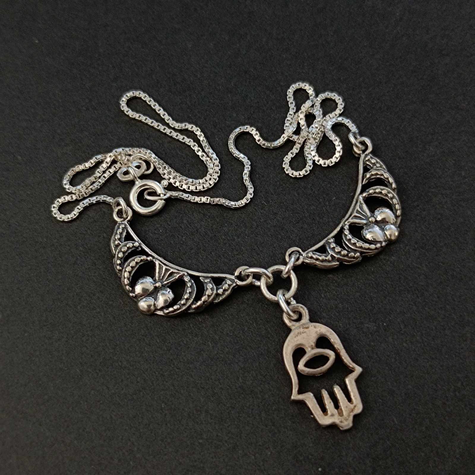 Sterling Silver Hamsa Necklace Hand of Fatima Vintage Ethnic Bib Spiritual Gift