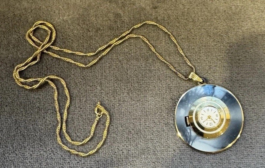 WOMENS SWISS CARAVELLE NECKLACE PENDANT WATCH With Mirror MANUAL WIND Runs