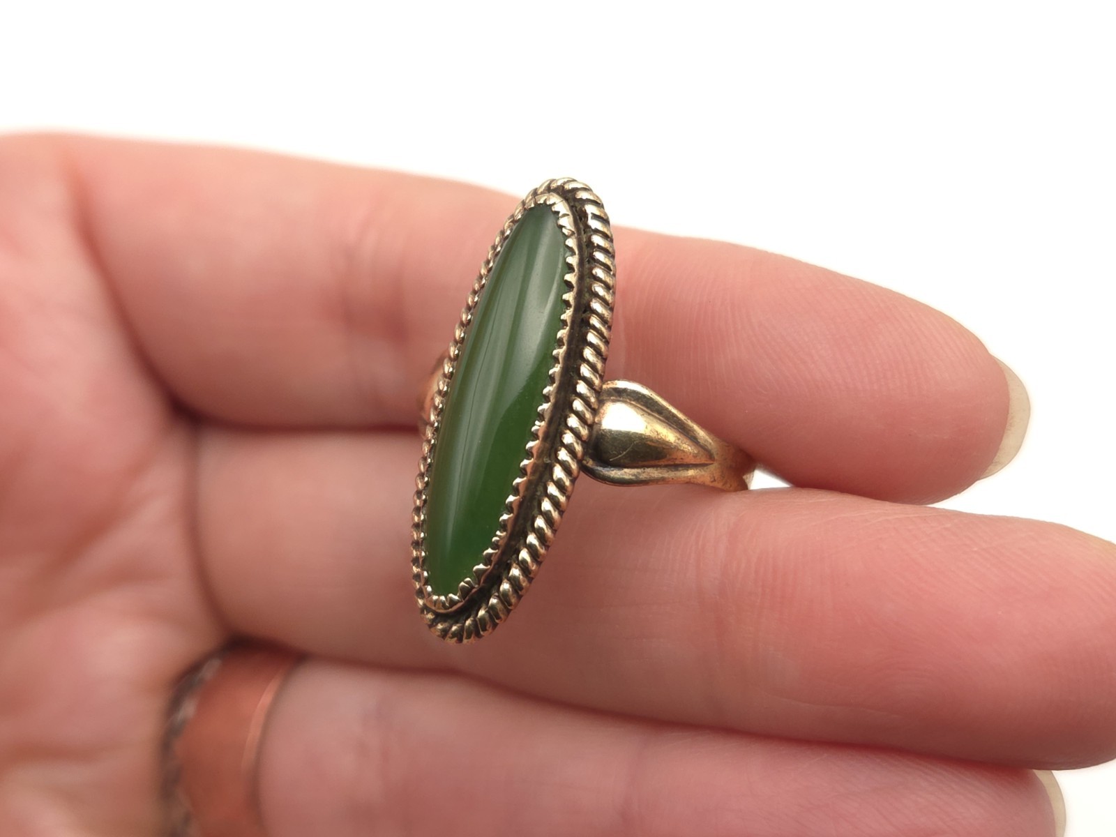 Vintage Sterling Gold Wash Signed JP Jane Popovich Navajo Elongated Jade Ring