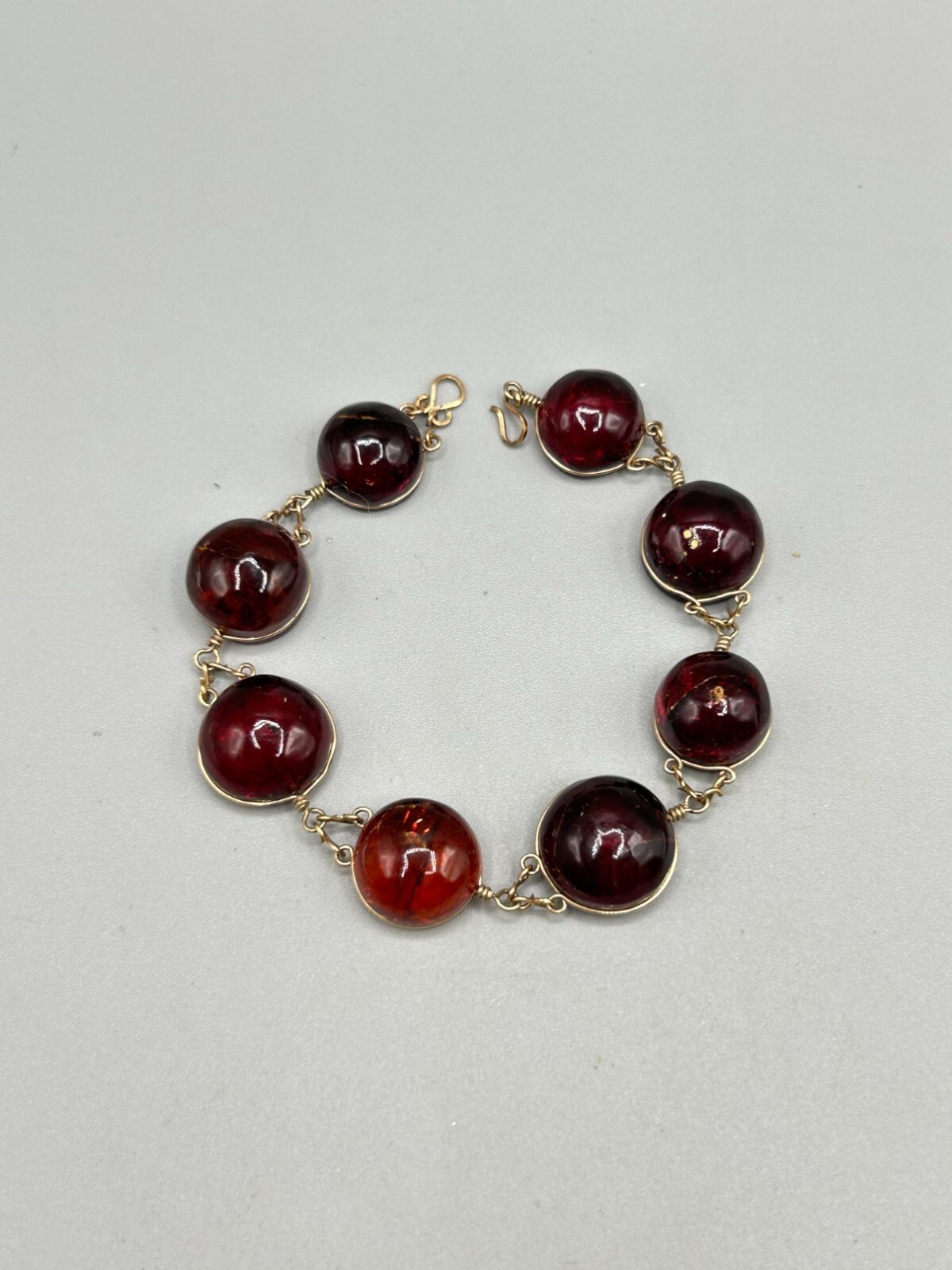 Wire Wrapped Genuine Amber Bracelet with Gold Tone Wire & Clasp Round Stones