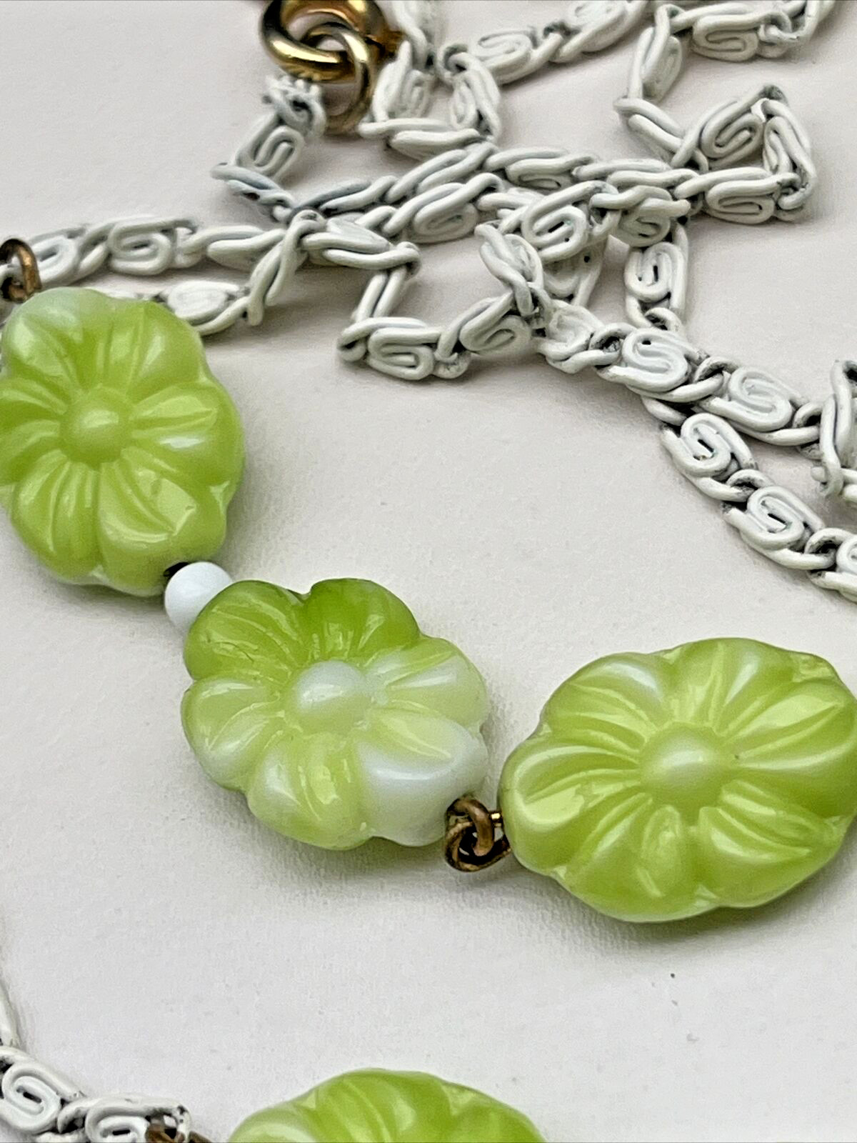 Vtg Flapper Length Poured Glass Gripoix Bead Lime Green Flower MCM Long Necklace