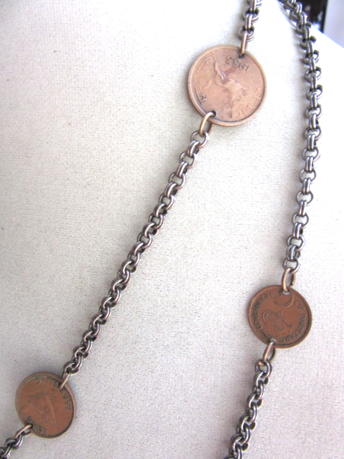 Vintage Travel 1950s Coins stations 54″ long chain necklace with 11 coins