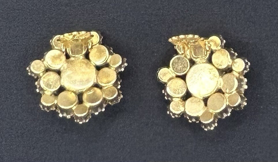 Iridescent Clip On Earrings Cluster Prong-set Rhinestones In Floral Design