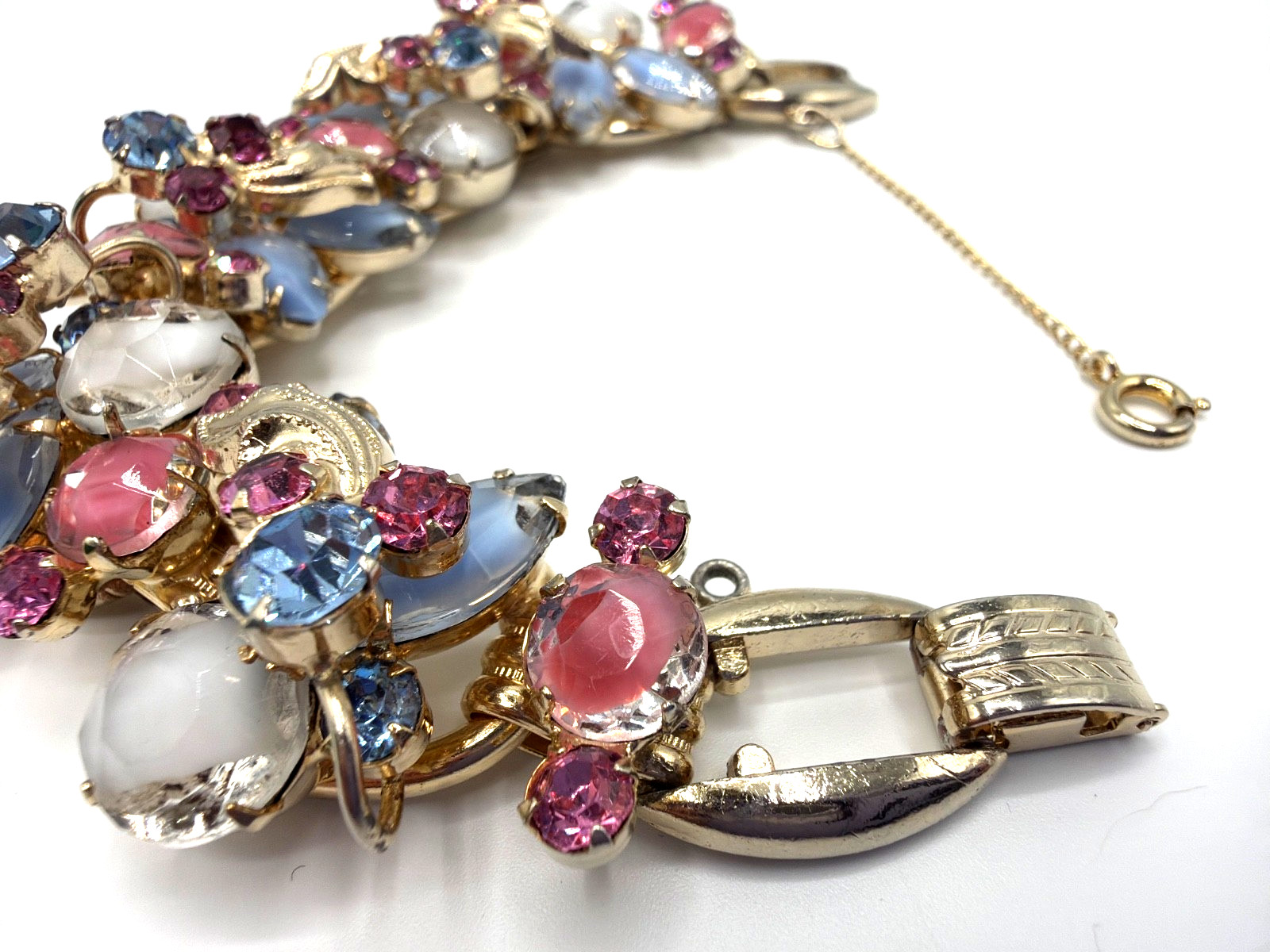 JULIANA Blue Pink White Givre w/Metal Leaves Bicolor Art Glass Bracelet Ref.#169