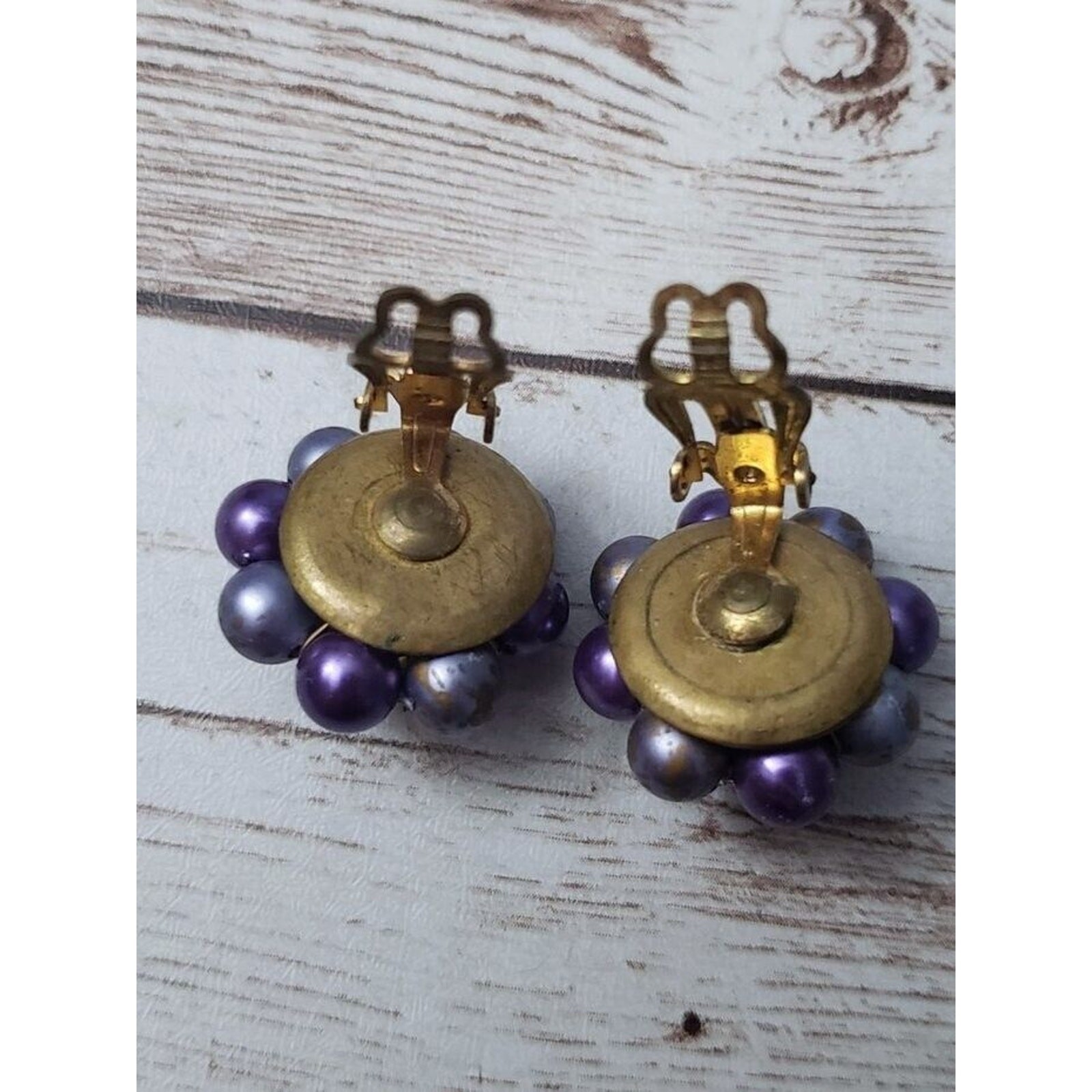 Vintage Clip On Earrings – Violet, Blue & Bronze Tone Cluster