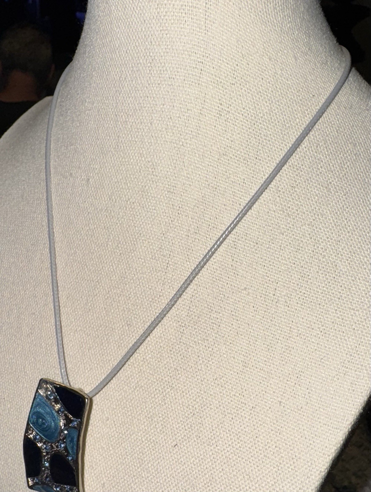 Vintage Silvertone & Blue Rhinestone Pendant On Gray Leather Cord 16”