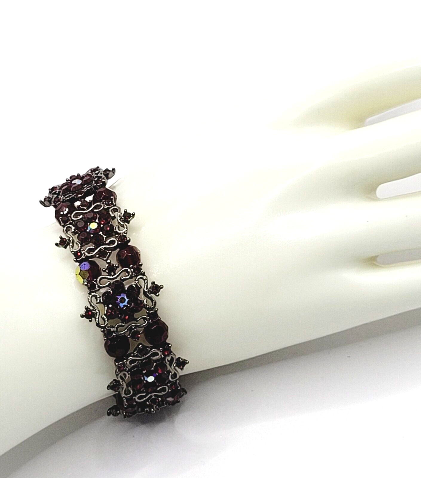 Red AB Crystal Sparkle Flower Floral Metal Ornate Fancy Event Stretch Bracelet