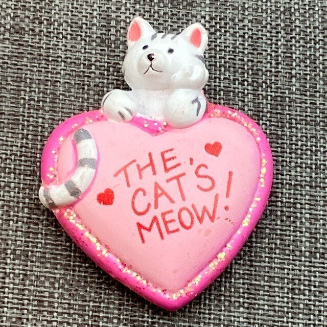 Fun World Pin Brooch 1.5 In The Cats Meow Pink Heart Vintage Glitter Valentine