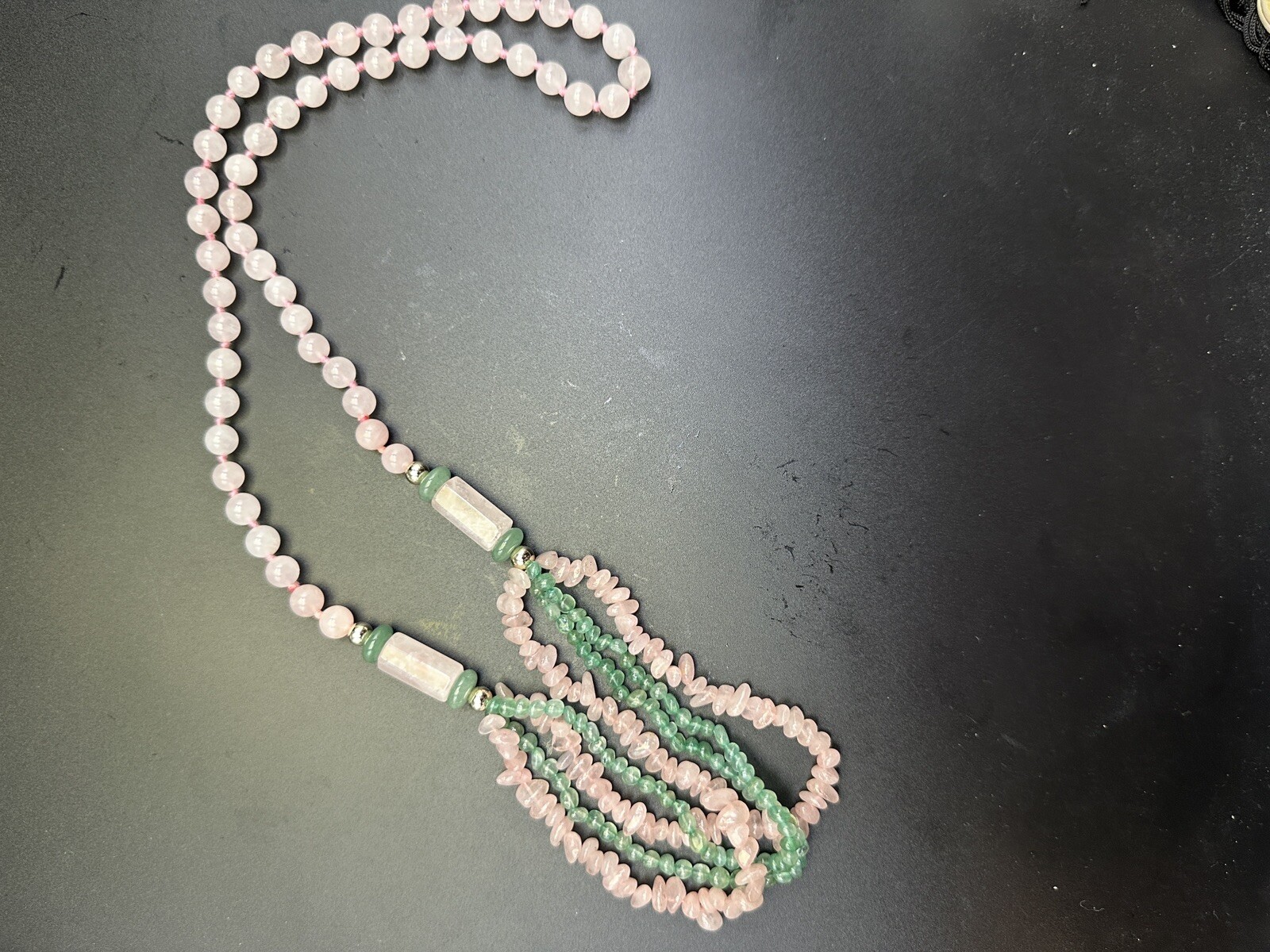 Vintage Chinese Export Multistrand Pink Rose Quartz Green Jade Necklace Stunning