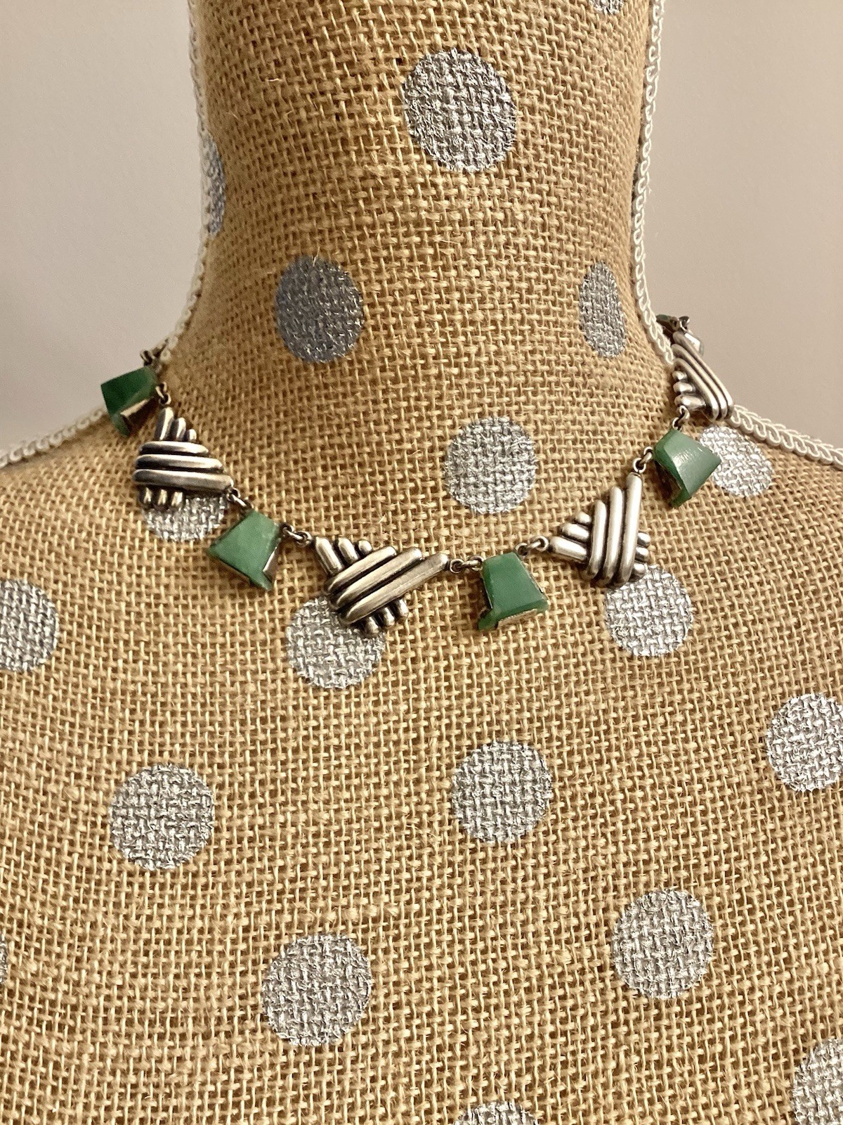 Mexico Sterling Art Deco Green Gemstone Choker Necklace 15”.