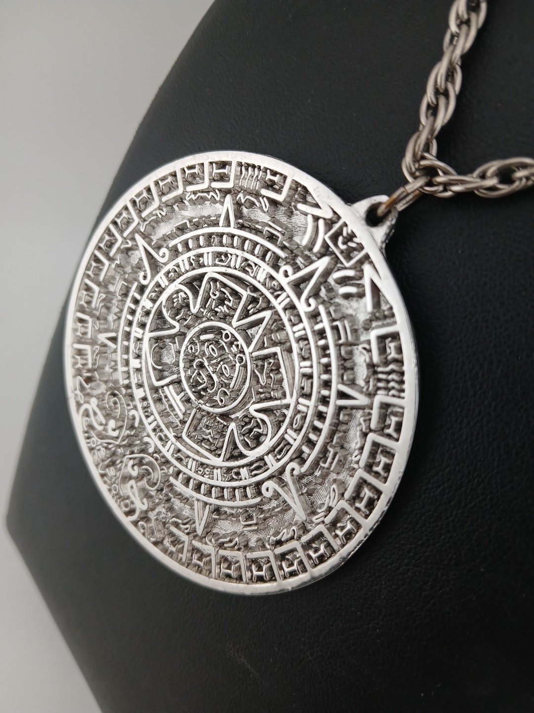 TORTOLINI 1960s silver tone Aztec Calendar textured design medallion necklace
