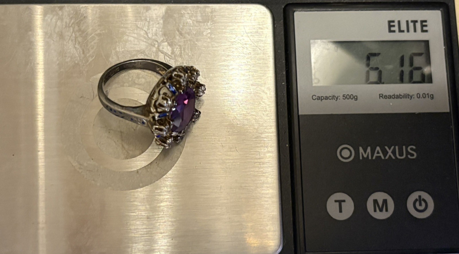 Vintage Huge Purple Sapphire Sterling Silver Blue Enamel Cocktail Ring Size 5.5