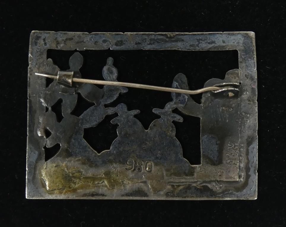 Mexican 980 Silver Brooch 2in Siesta Men Cactus Scene Handmade 17.1g Fine VTG