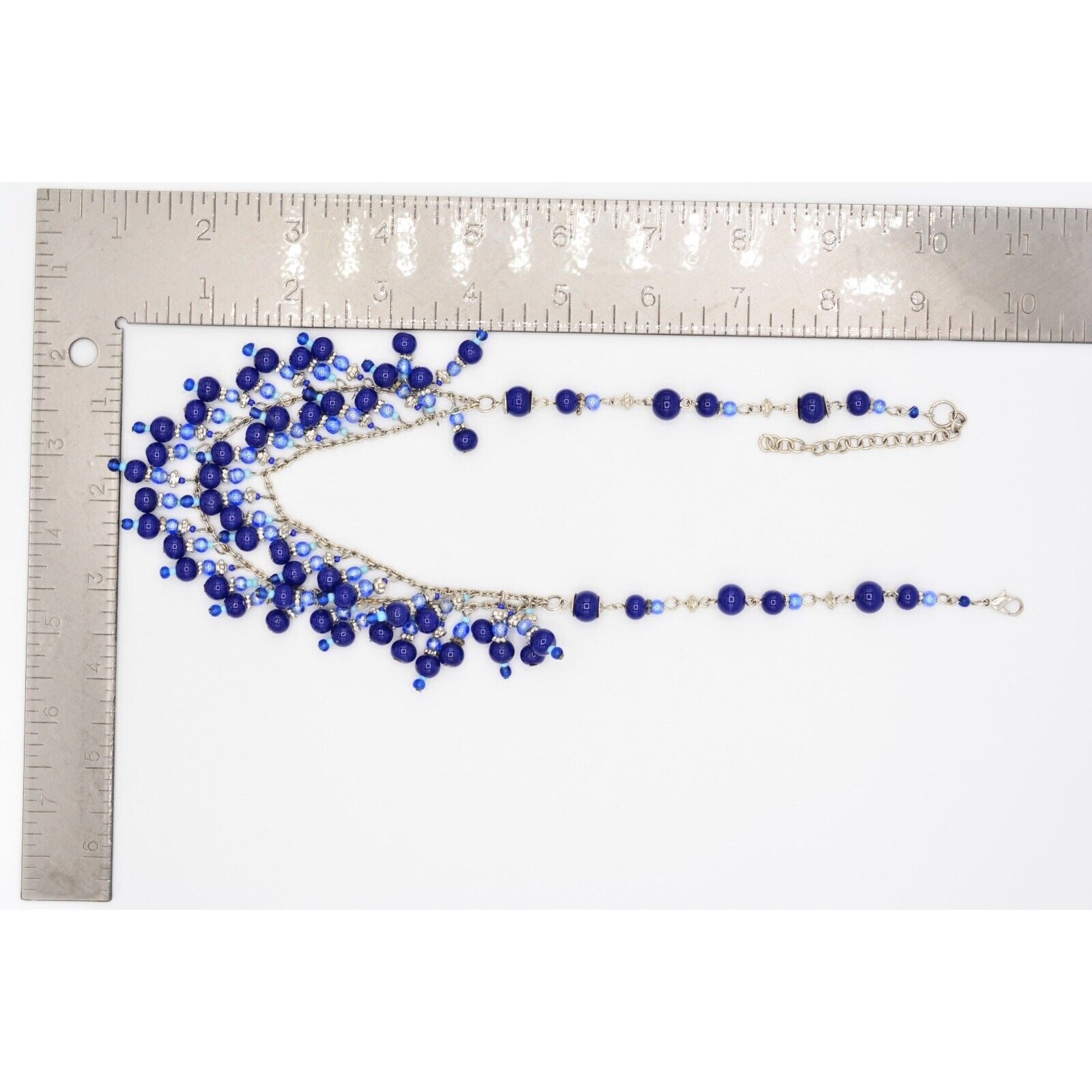 Vintage Beaded Necklace Glass Blue Silver Evil Eye Mediterranean Fringe 1990s 9A