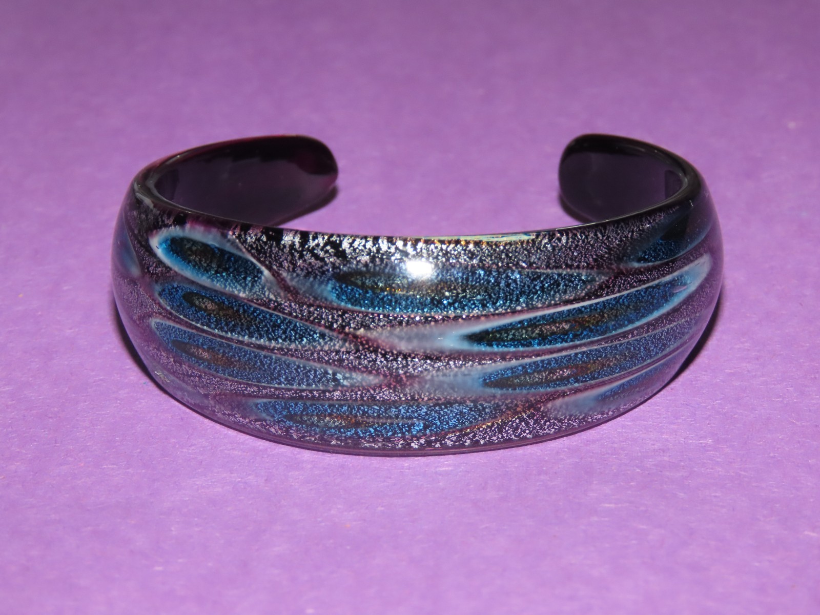 PURPLE PEACOCK CUFF BRACELET 7″ VINTAGE MURANO ITALIAN ART GLASS