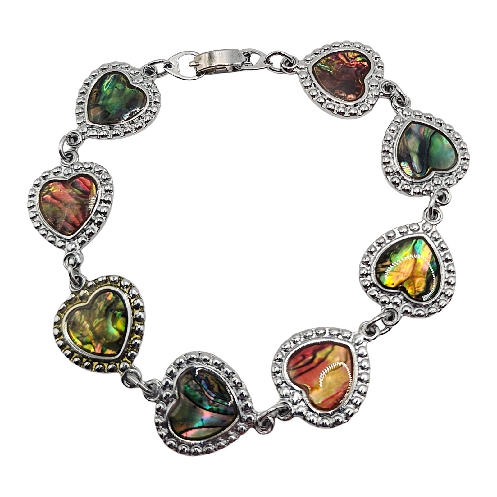 Vintage Abalone Paua Shell Heart Link Bracelet Silver Tone Iridescent Boho MOP