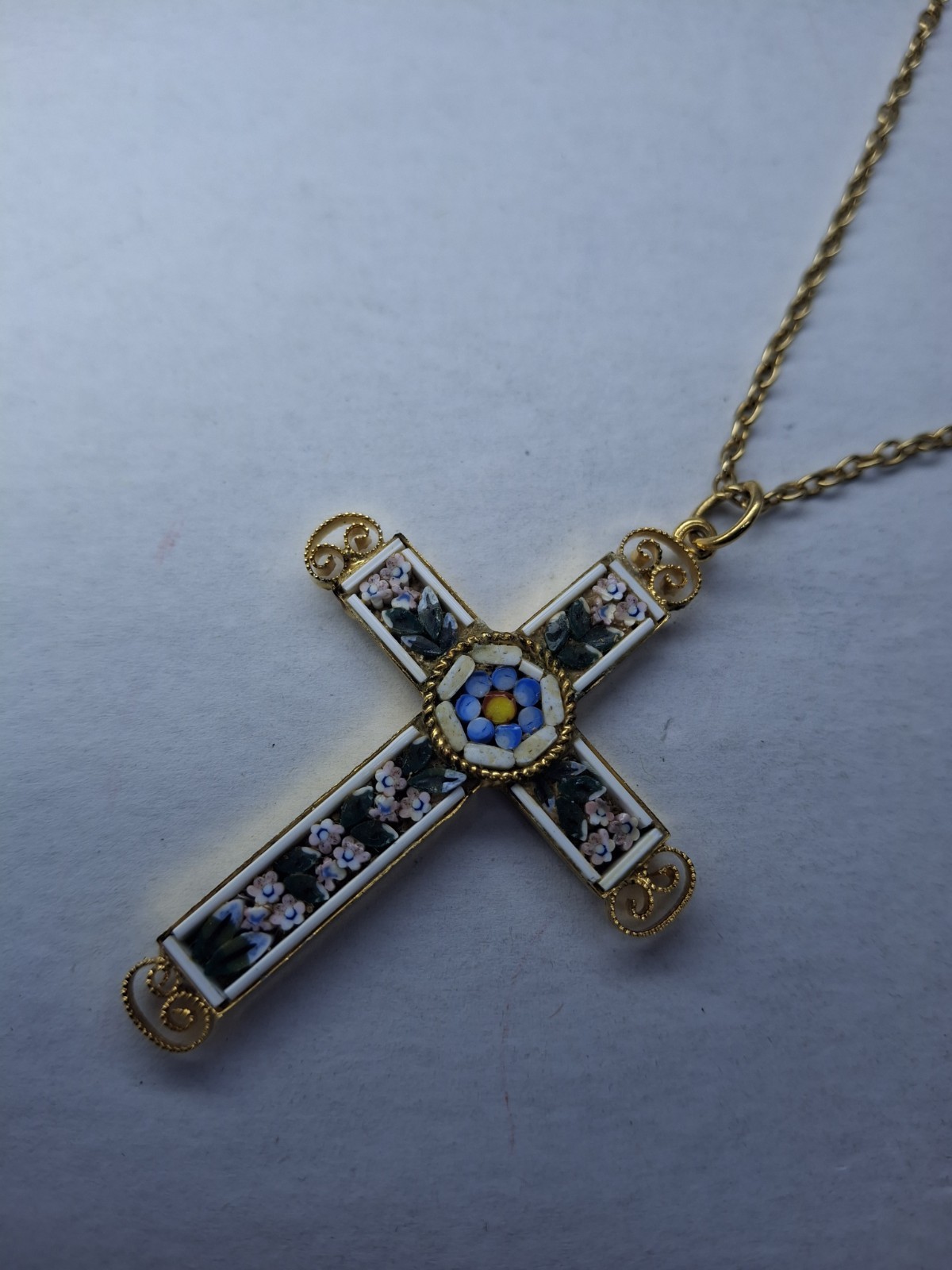 Vintage Italian Signed Micro Mosaic Gold-Plated Filigree Cross Pendant Necklace
