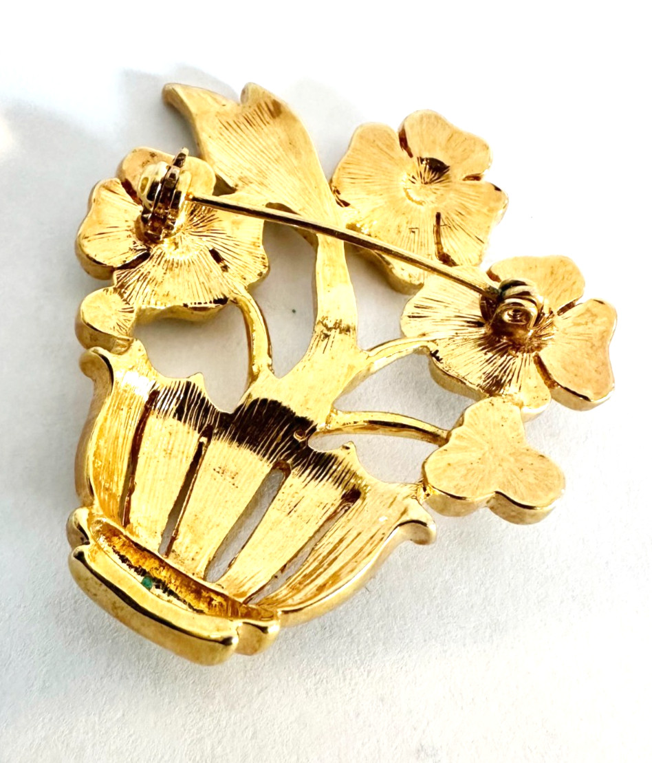 Vintage Rhinestone Flower Basket Brooch Gold Tone Garden Party Aesthetic