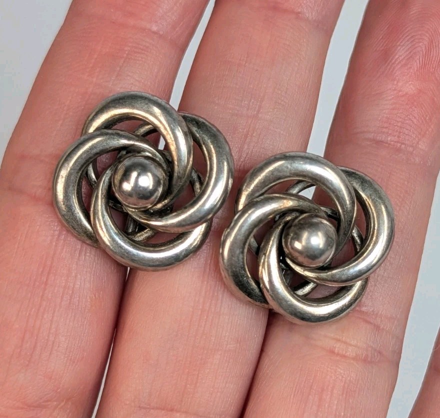 Vintage 50s Sterling Silver 925 Swirl Lovers Knot Screw Back Earrings