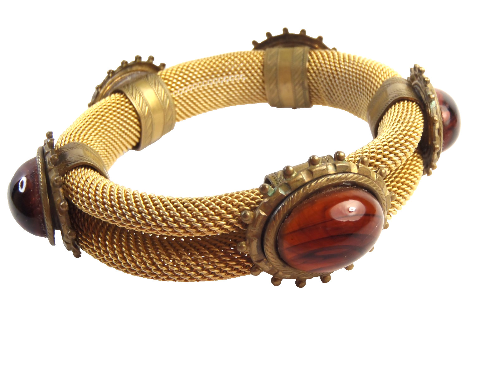 Estate Vintage Gold Toned Mesh Bangle Bracelet With 5 Stones 76 Grams 7 1/2″