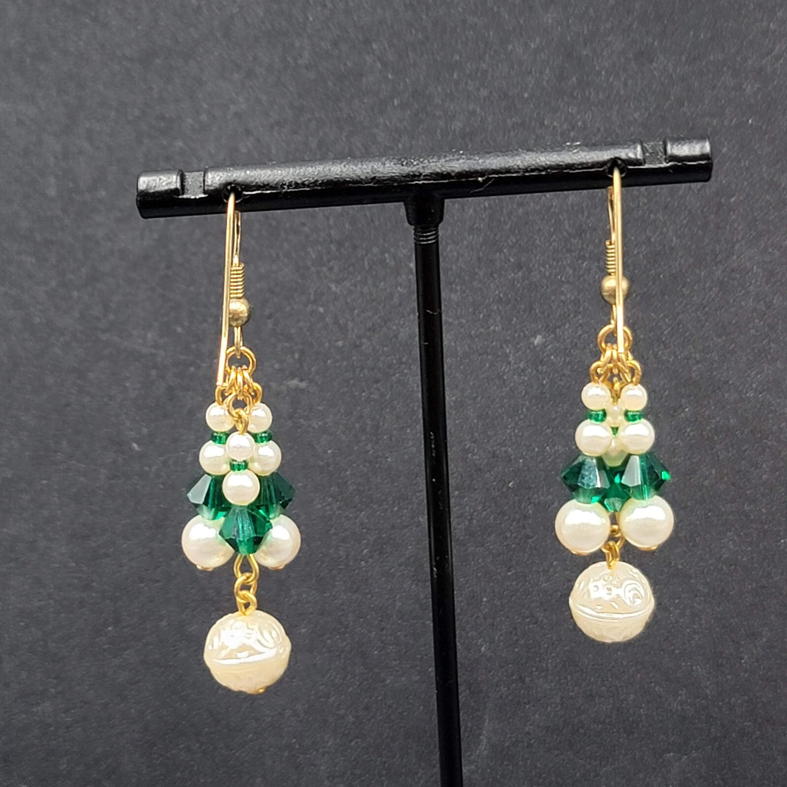 Vintage Pierced Earrings Faux Pearl Green Crystal Beads Dangle 1.5″