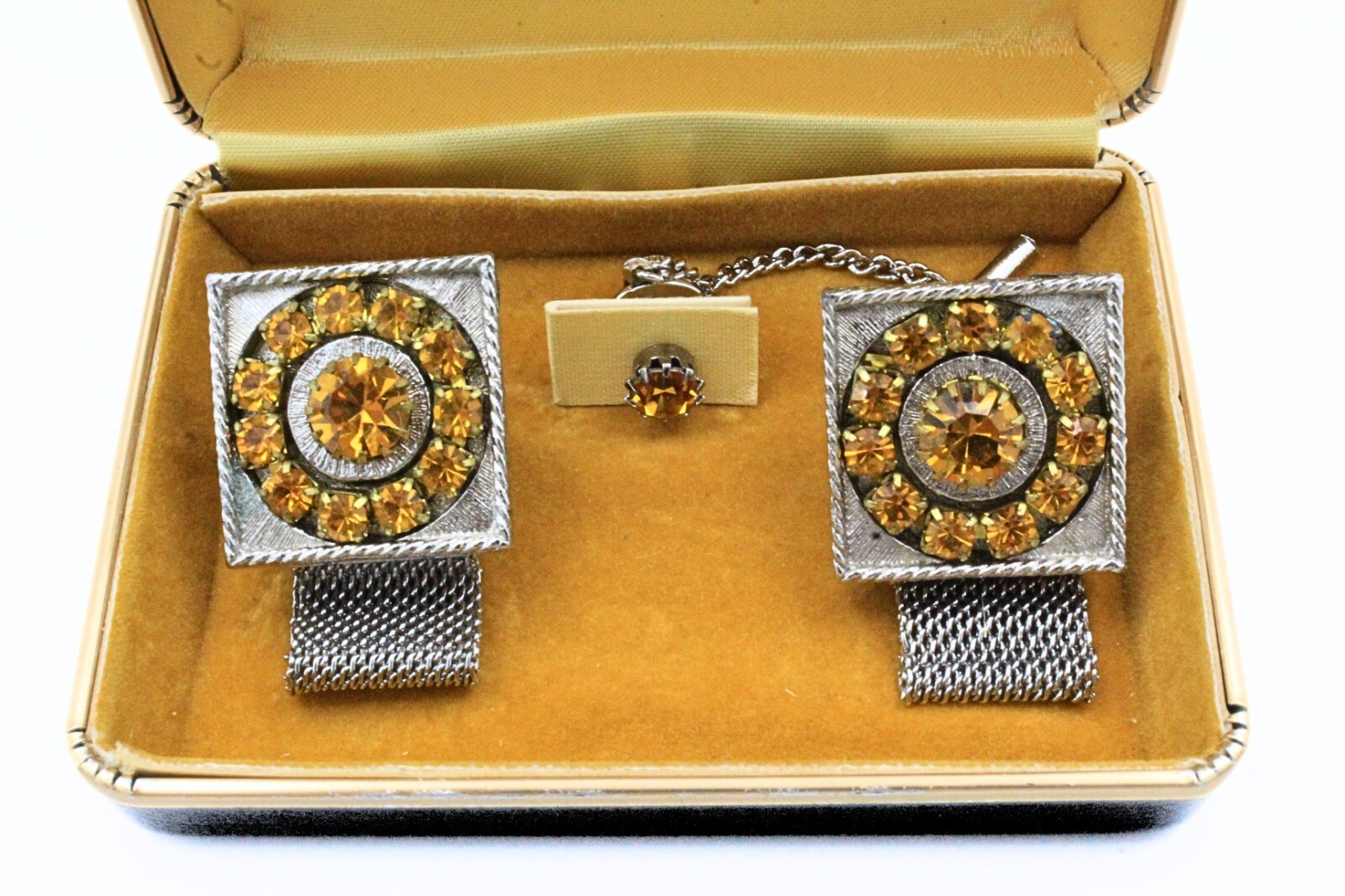 Di Gino Designer Retro Yellow Rhinestones Cufflinks Tie Tac Set