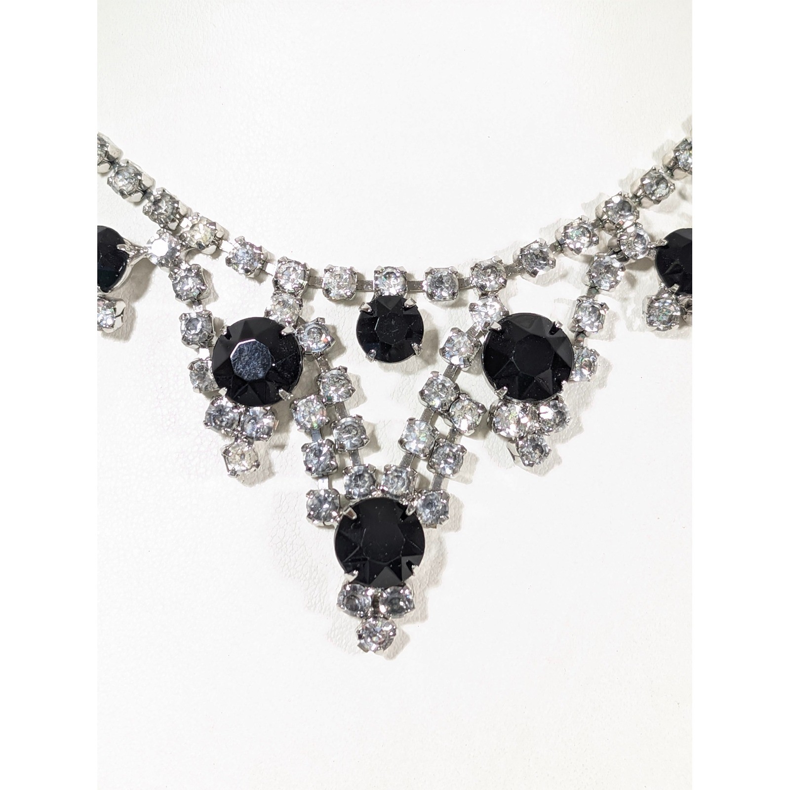 Vintage Black Clear Rhinestone Choker Necklace Silver Tone Bib Statement 15″