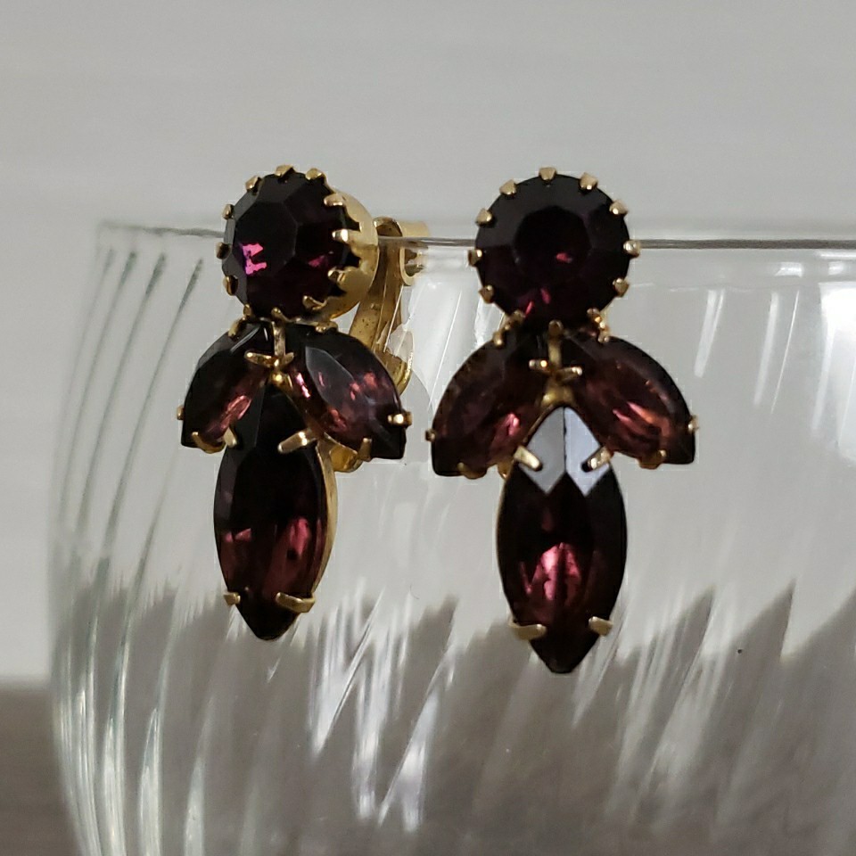 Vintage Purple Cluster Navette Prong Earrings Clip On Gold Tone