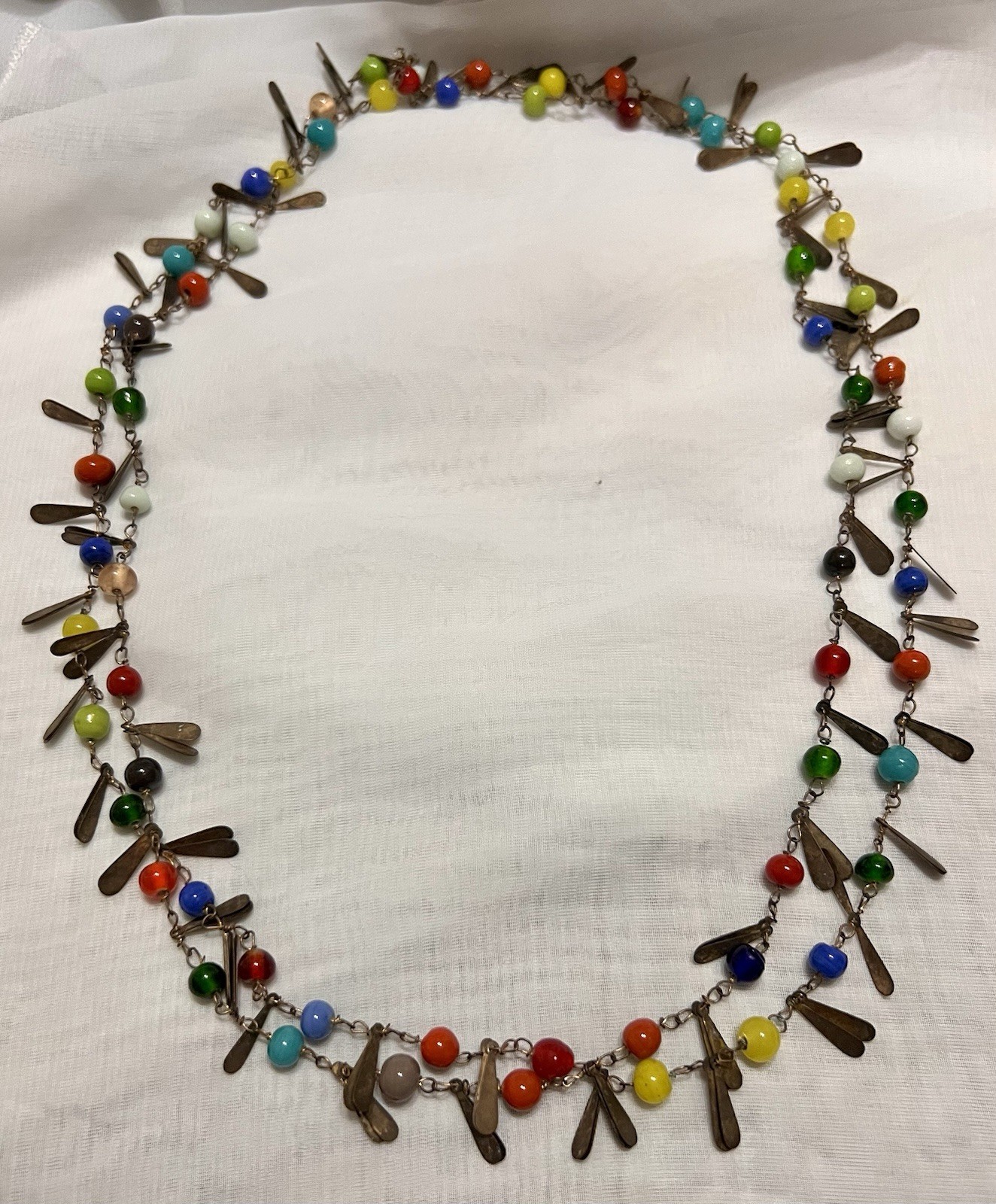 CZECH Flapper Length 54″ ART GLASS BEAD & TEARDROP METAL TAG Necklace VINTAGE