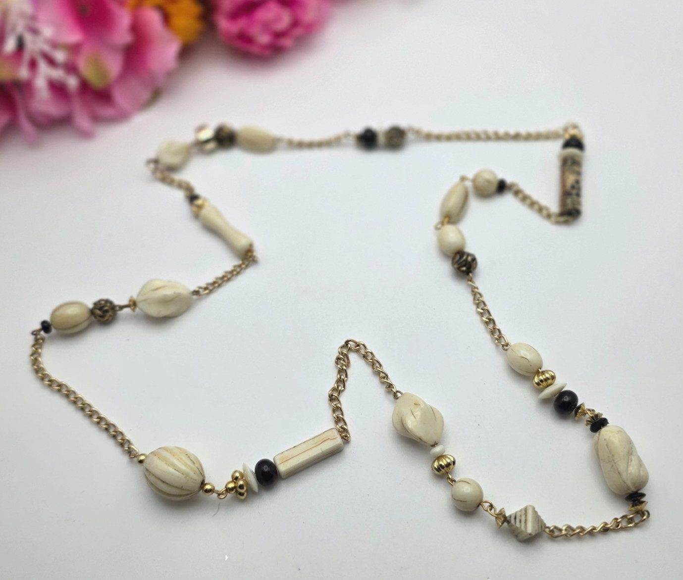 Vintage Lucite Beaded Necklace Cream Black Gold Tone 34 in Long Lightweight