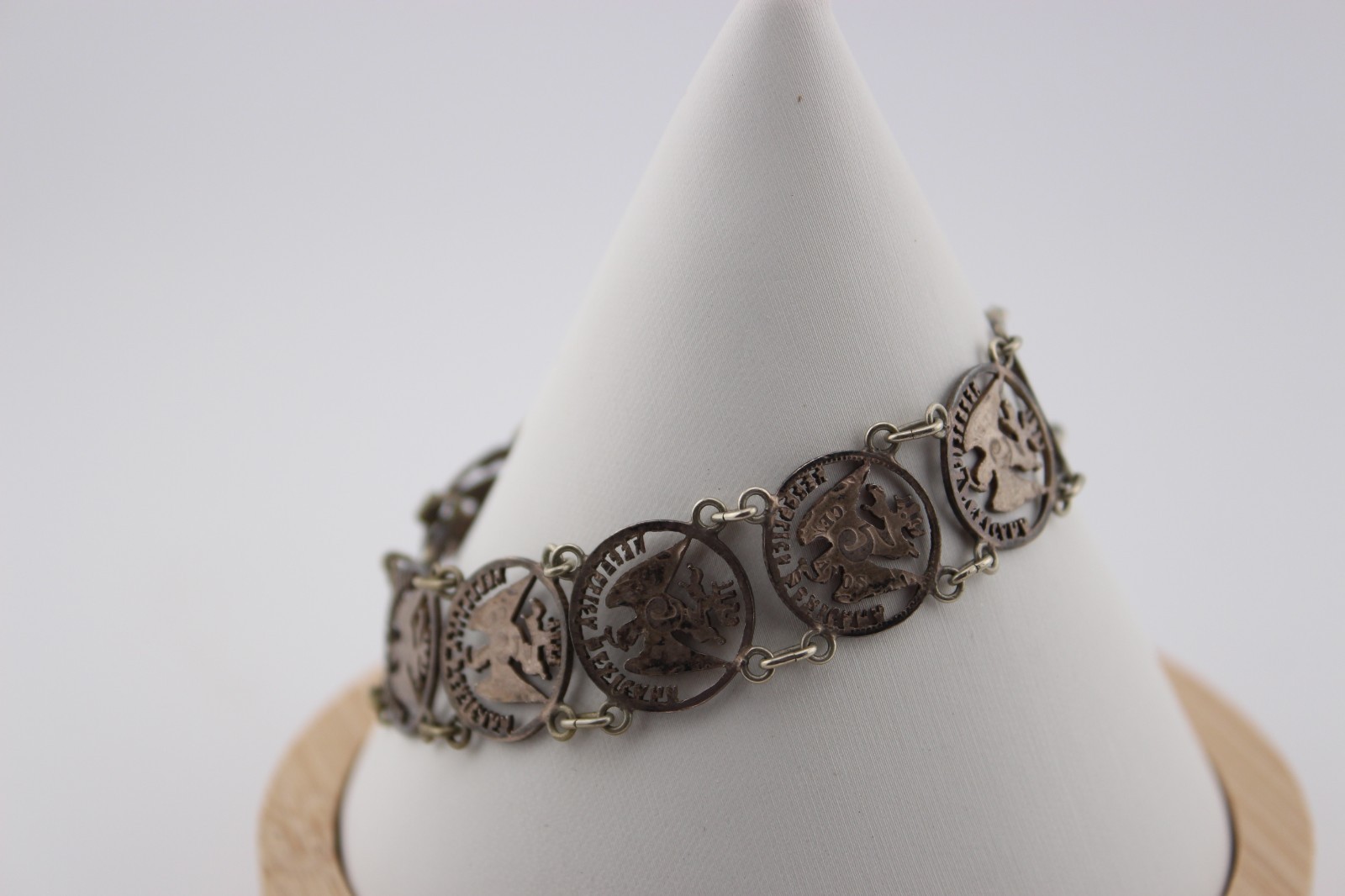 Antique 1880s silver Mexican Republic cut out coin panel bracelet 7.25″