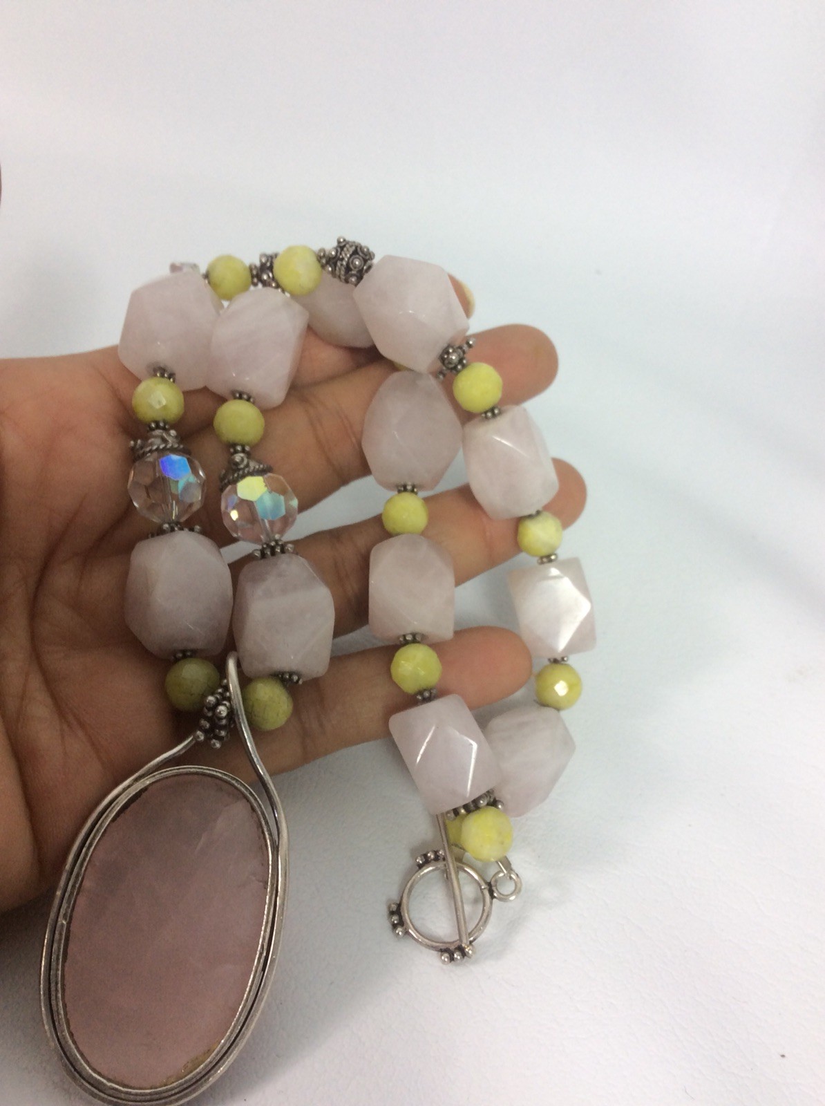 Stunning Artisan Hand Made Sterling Silver 925 Rose Quartz Bead Toggle Necklace