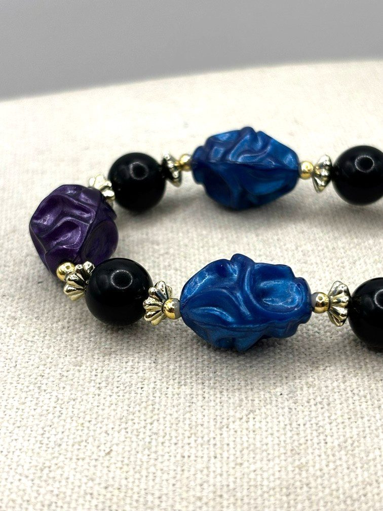 Vintage Purple Teal Blue Black And Silver Tone Crinkled Bead Necklace 24 Inch