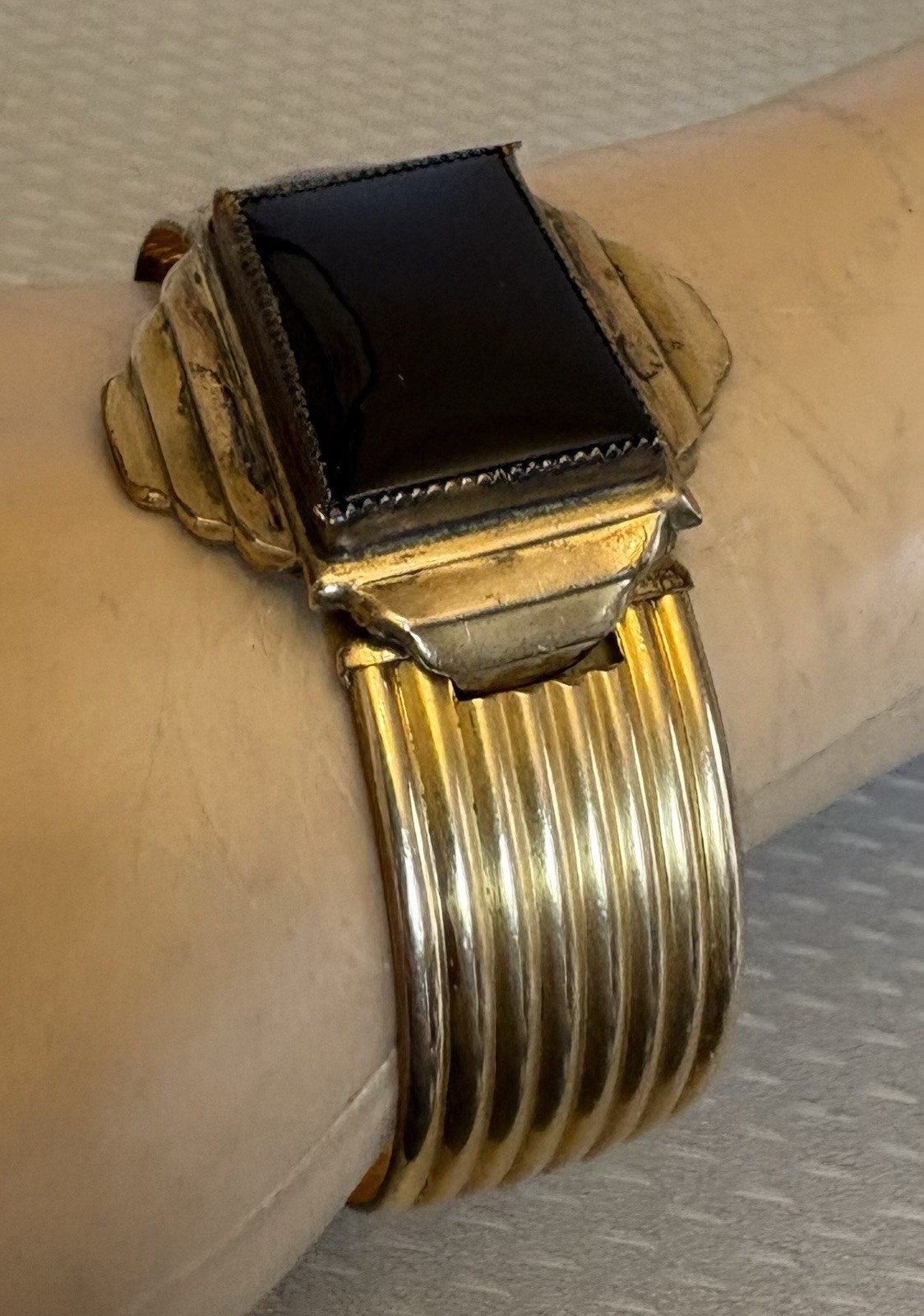 Art Deco Signed MARSH Gold Plate Bangle Snap Open Hidden Secret Locket Bracelet