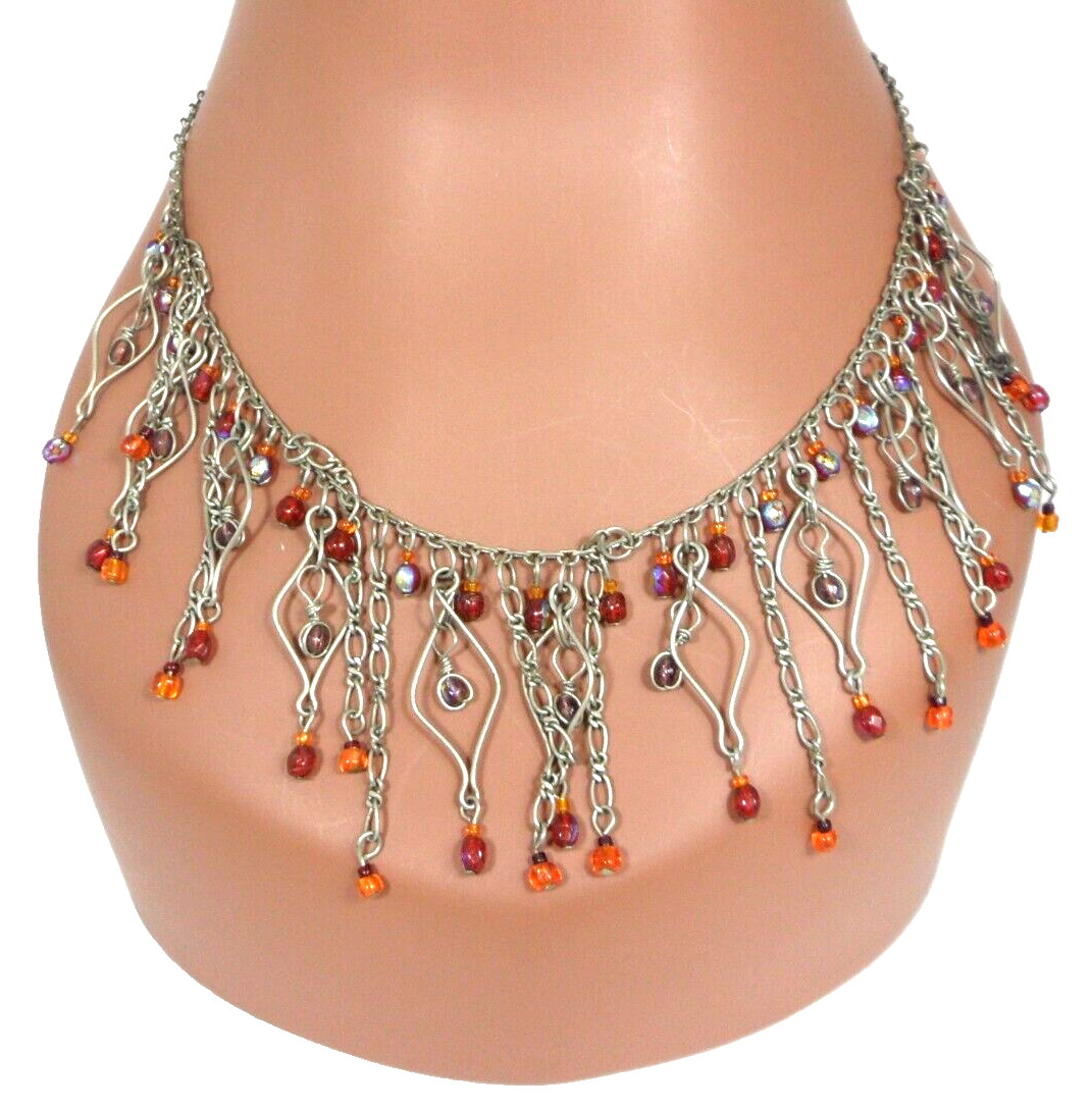 Beaded Bib Necklace Figaro Chain Fringe Marquise Shaped Wire Motifs Gypsy Boho