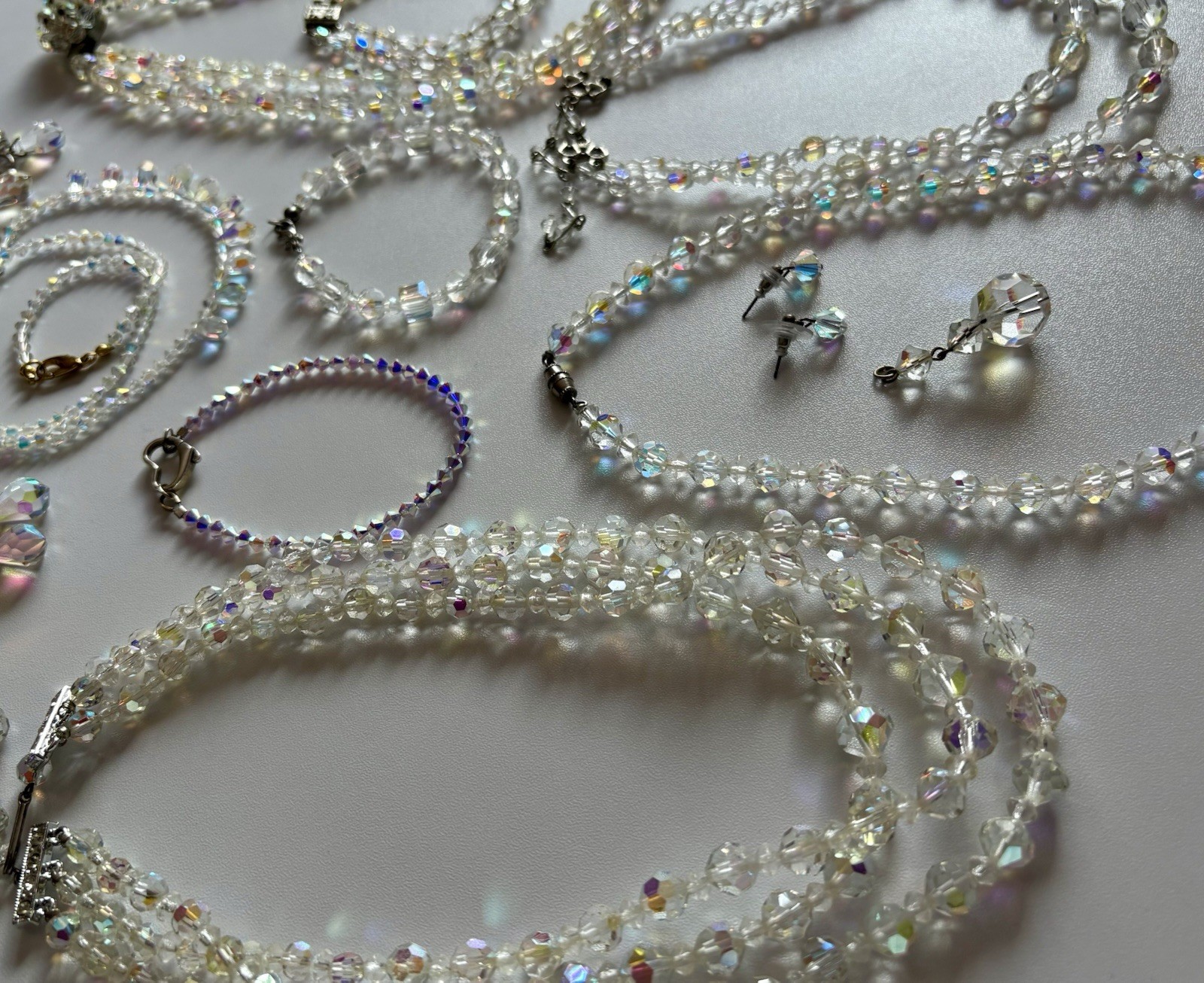 Vintage Crystal Aurora Borealis Necklace Bracelet Earrings Brooch Pin Ring Lot