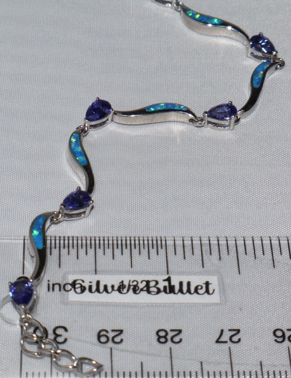 Vintage Petite Sterling Silver Fire Opal Inlay and Amethyst Bracelet 7 1/2 Inch