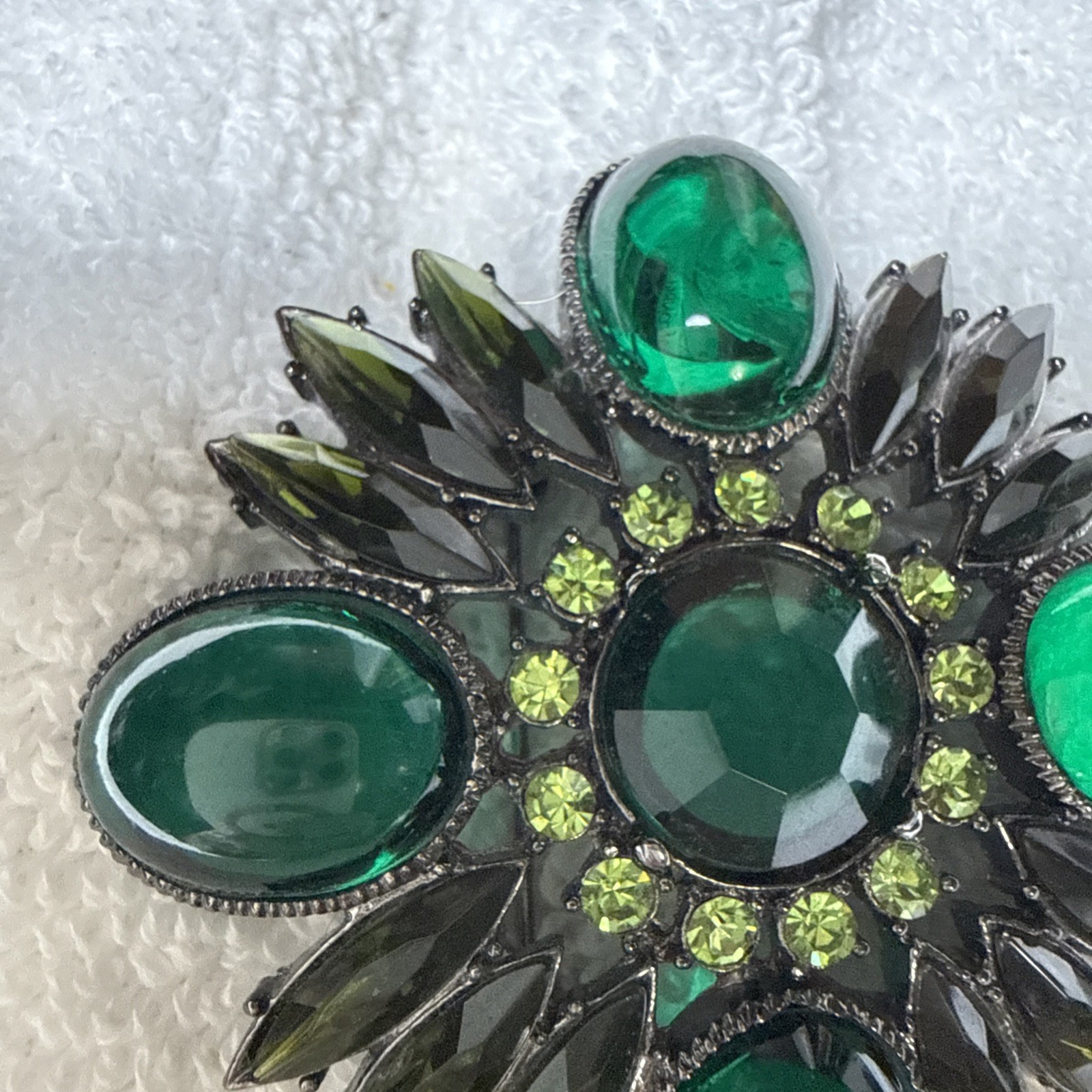 Vintage Emerald And Lime Green Floral Art Brooch With Silver Tone Back