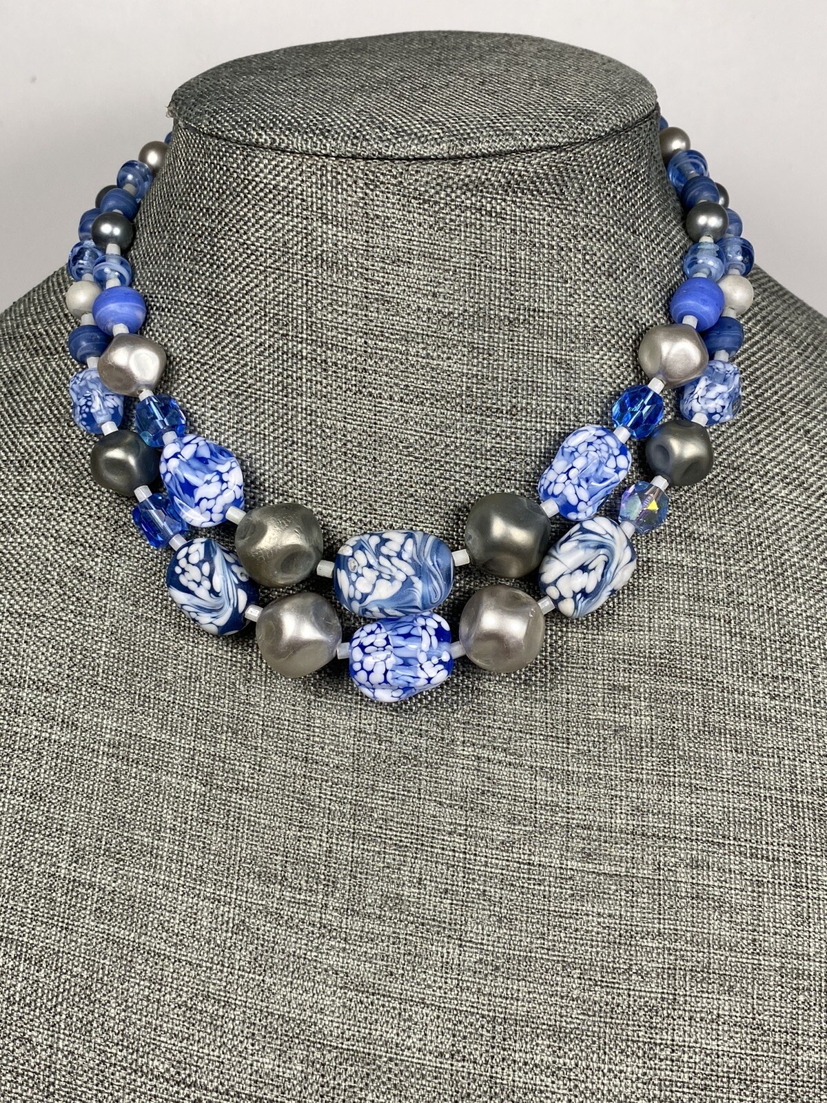 Japan Necklace Two strands Blue Glass Acrylic Beads 14”+ 2”