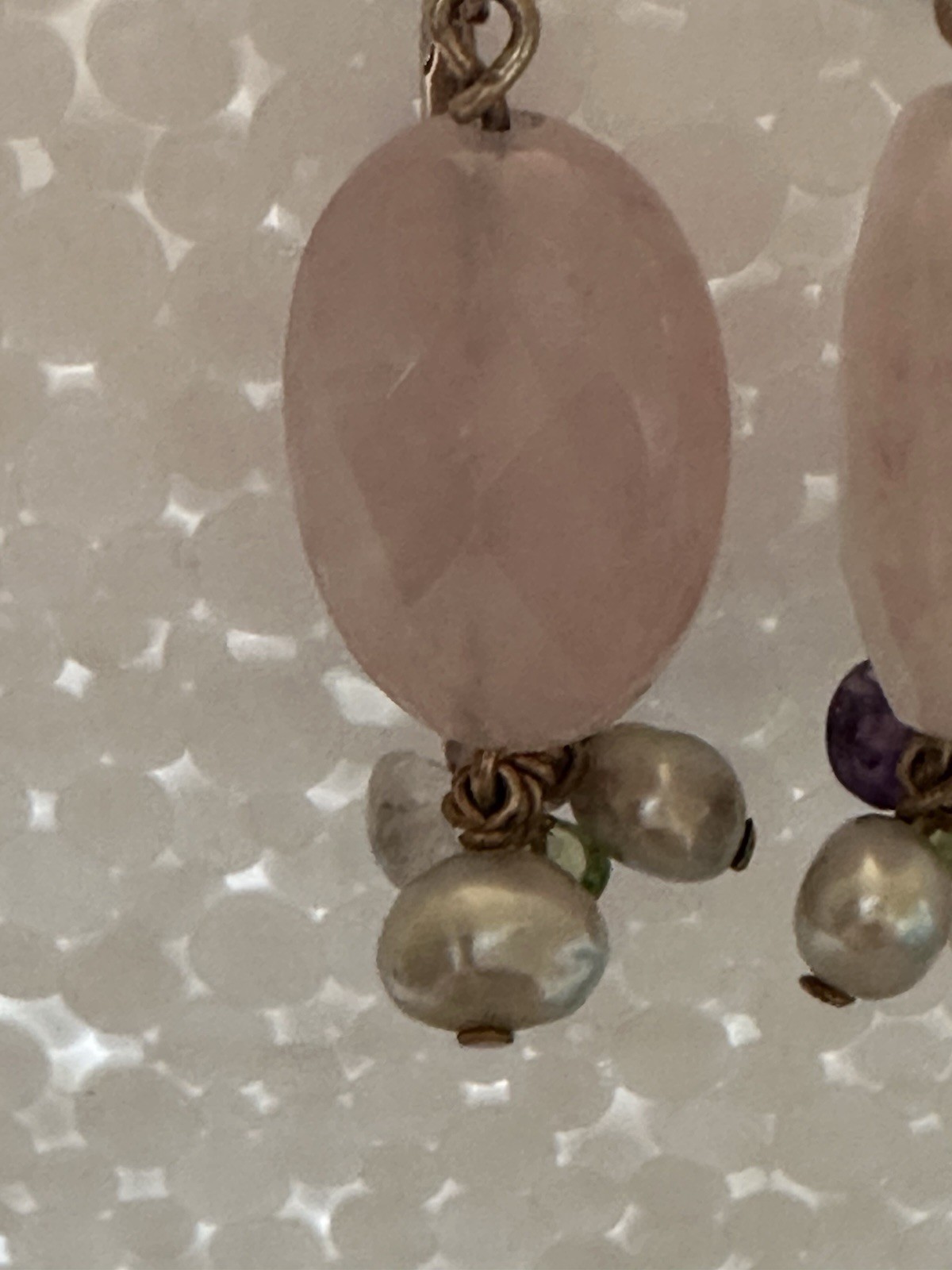 VTG Handmade Pale Lavender Pendant Necklace W/Gold-Toned Beaded Chain & Earrings